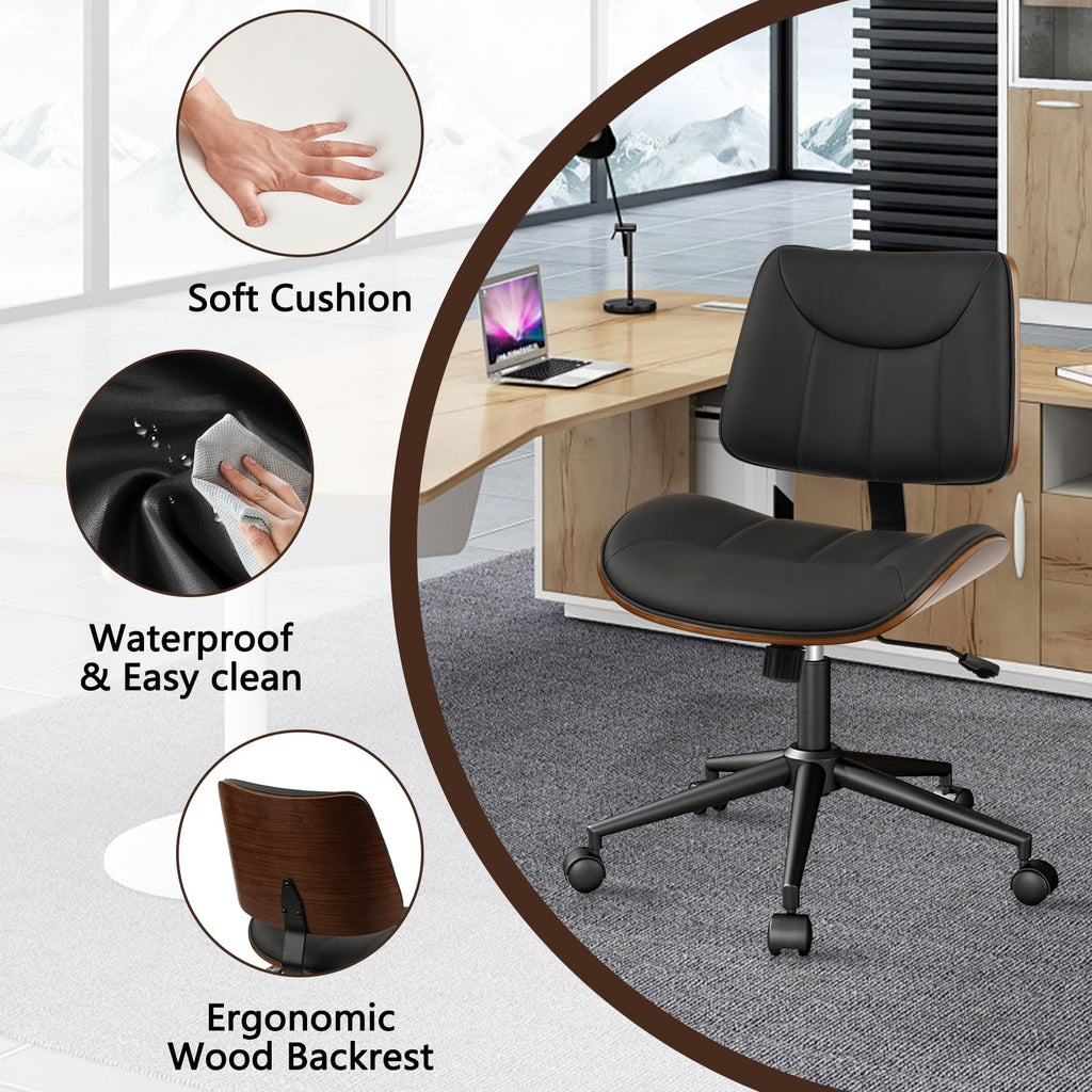 4Pack, Office Chair Armless with Wheels, Mid-Century Modern Walnut Desk Chair, Adjustable Height Reading Chair, PU Leather Mid Back & Swivel Computer Chairs for Home Meeting Room Bedroom, Black