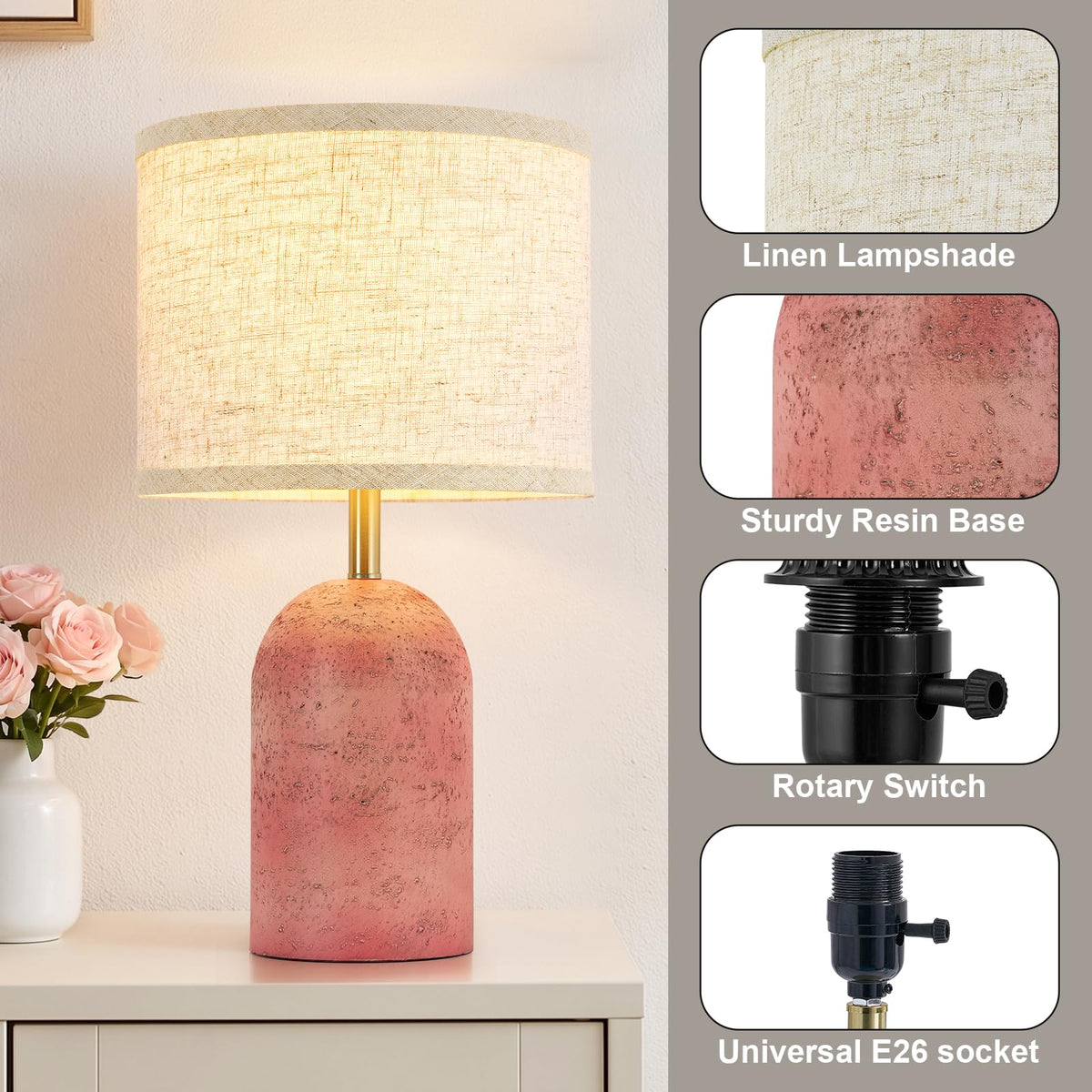Table Lamps Set of 2, Resin Bedside Lamps for Living Room Bedroom