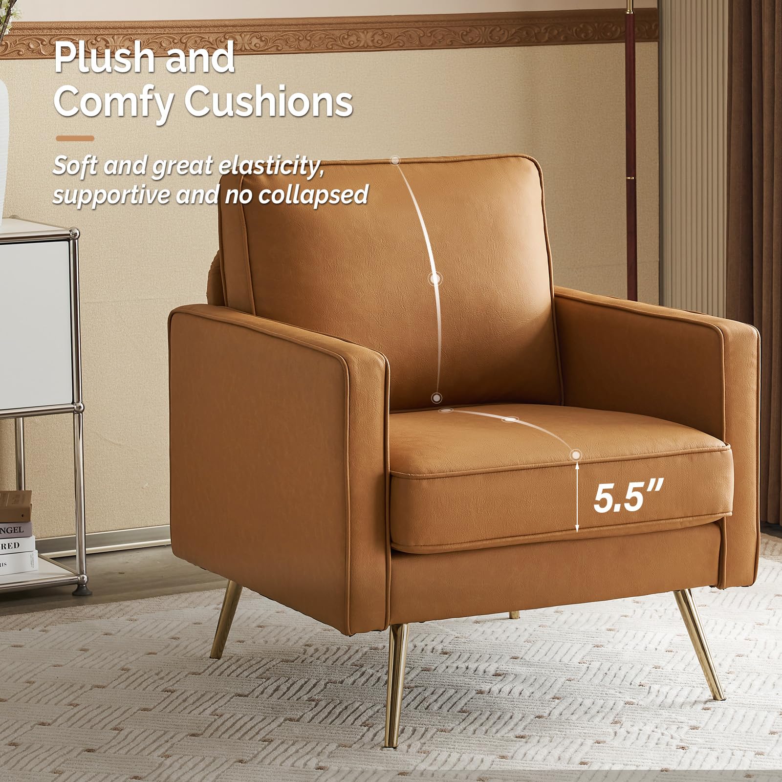 Modern PU Leather Accent Chair Comfy Chair Arm Chair Reading Chair with Golden Metal Legs and Deep Seat for Office,Apartment,Small Space,Cognac