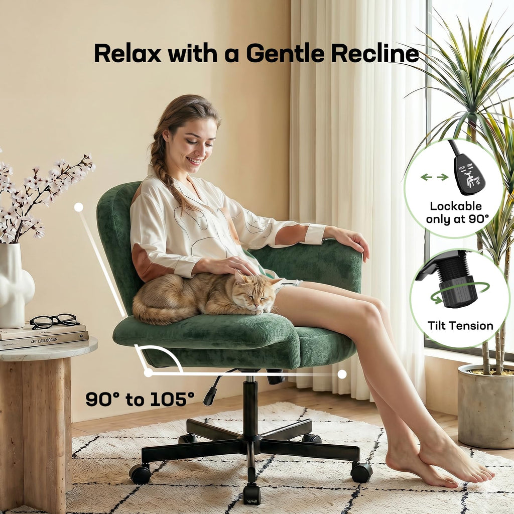 Criss Cross Office Chair with Adjustable Armrests & Wheels, Vanity Chair with Wide Cushion, Reclining Back, Soft Chenille Fabric, Desk Chair for Home Office, Makeup Room, Bedroom, Green