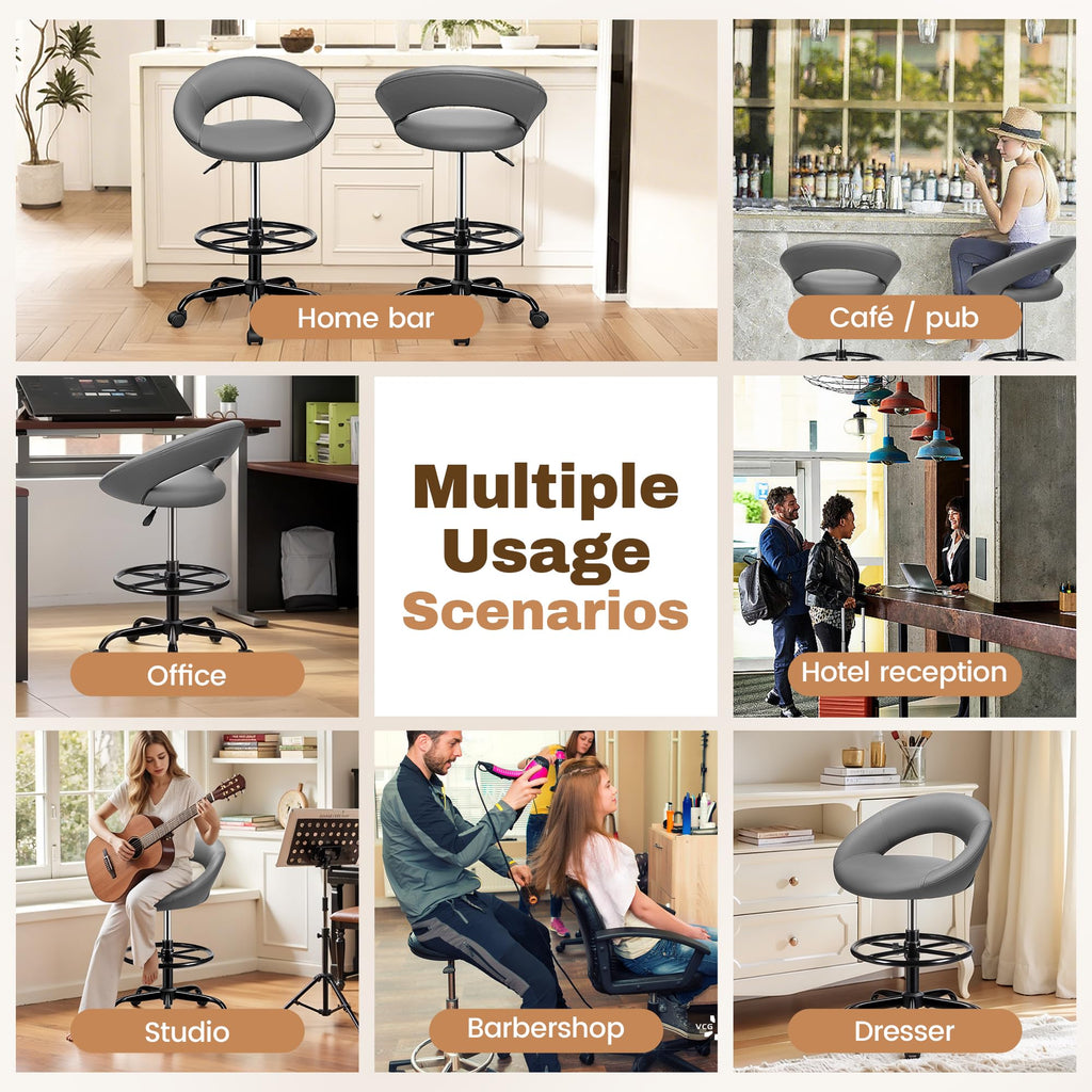 Gray 2 Pack, Drafting Chair with Back, Height Adjustable Rolling Stool with Foot Rest, Tall 360° Swivel Stool PU Leather Chair with Wheels for Home Office, Standing Desk