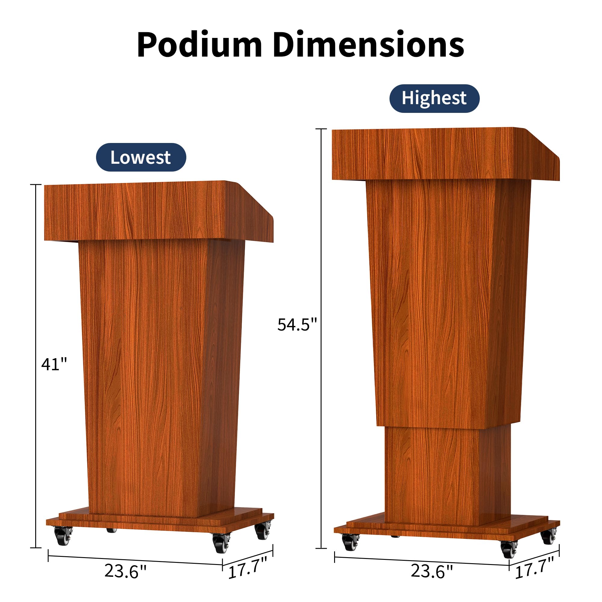 Wooden Podium Stand with Wheels, 41”–54.5” Height Adjustable Lectern, Mobile Podium with Crank Lift, Stable Base & Storage Shelf, Elegant Design for Churches, Classrooms and Conferences