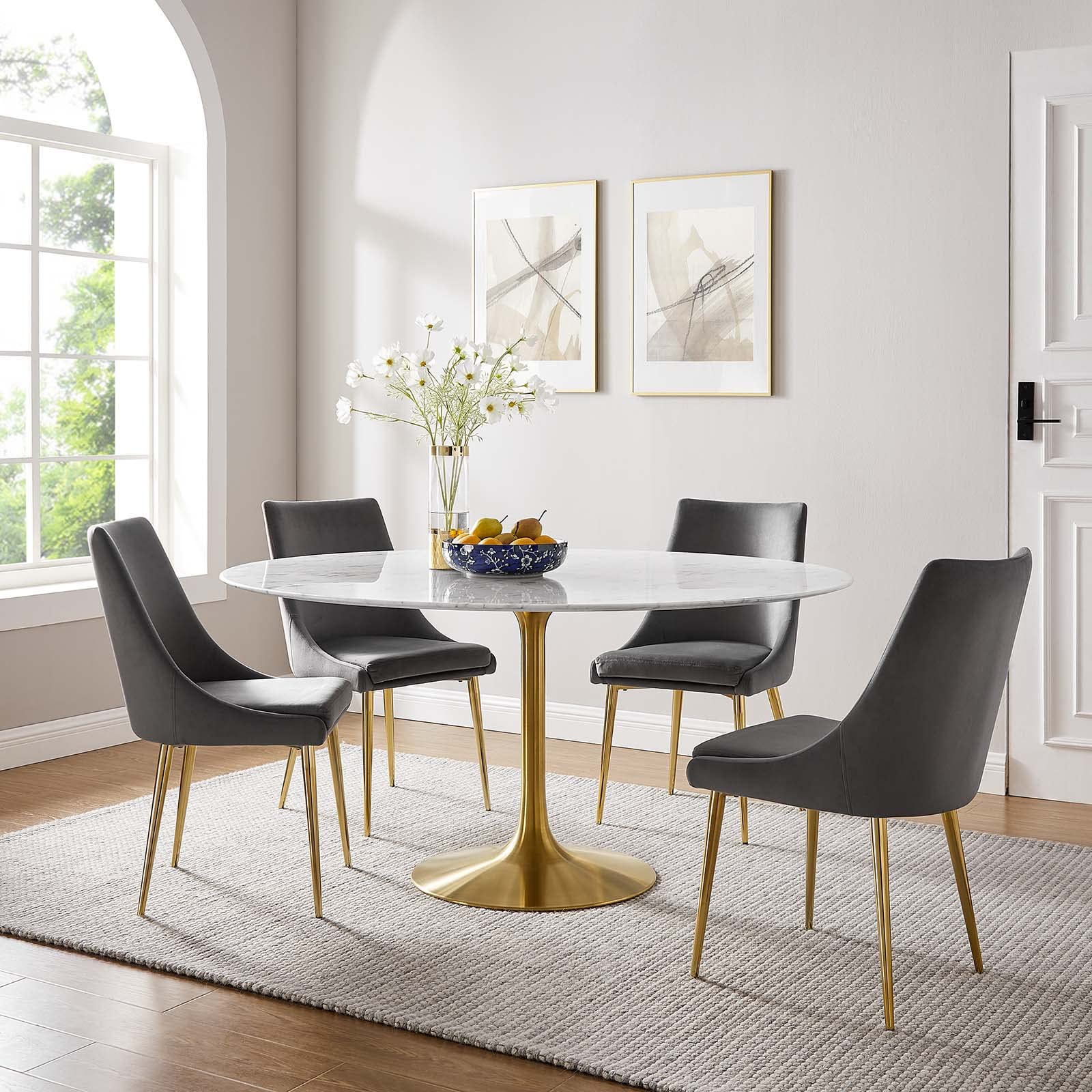 Modway Lippa 60" Mid-Century Dining Table with Round Artificial Marble Top in Gold White