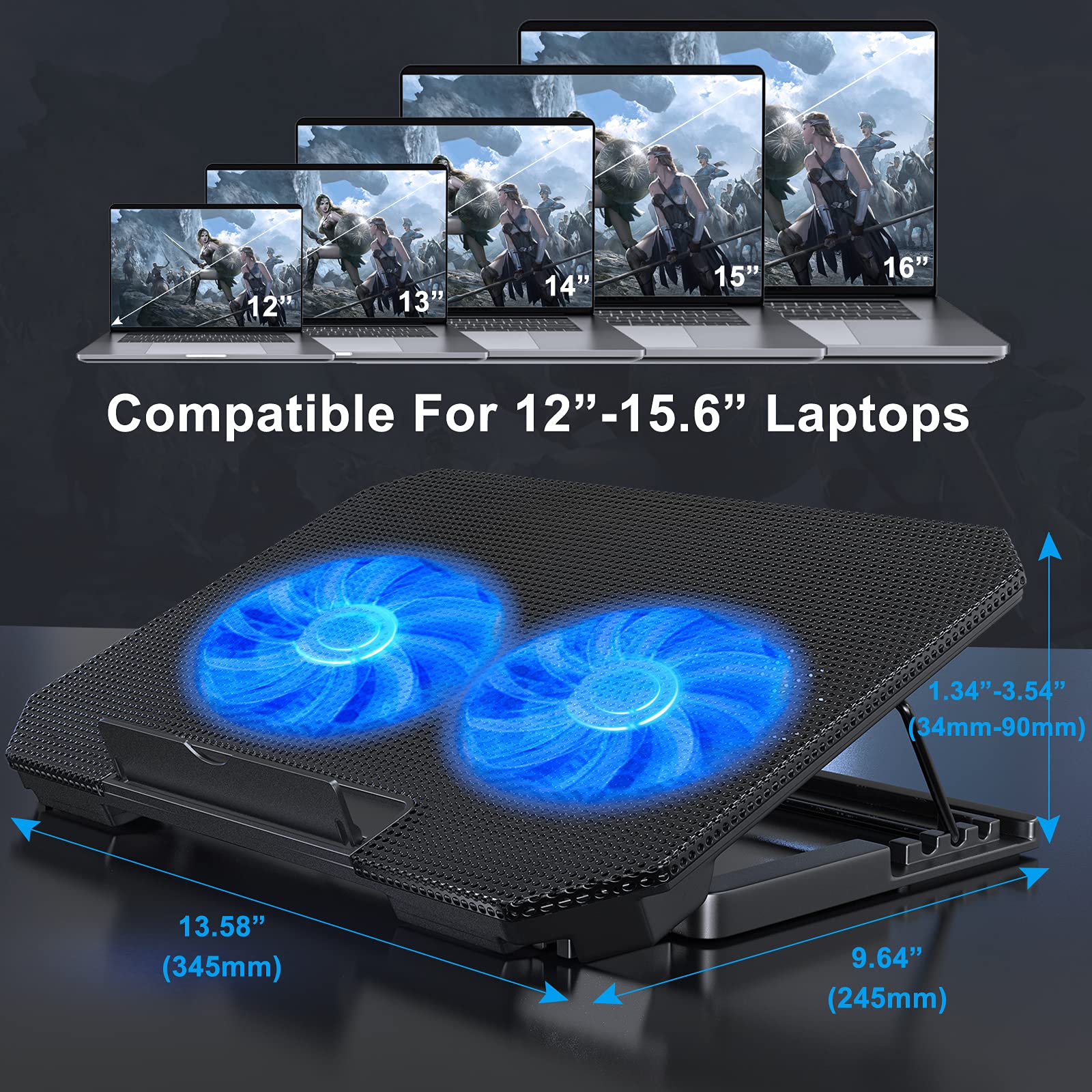 Laptop Cooling Pad with Adjustable Height Two 5.1 Inches Fan 2 USB Ports Suitable for 12"-15.6" Laptops（Black）