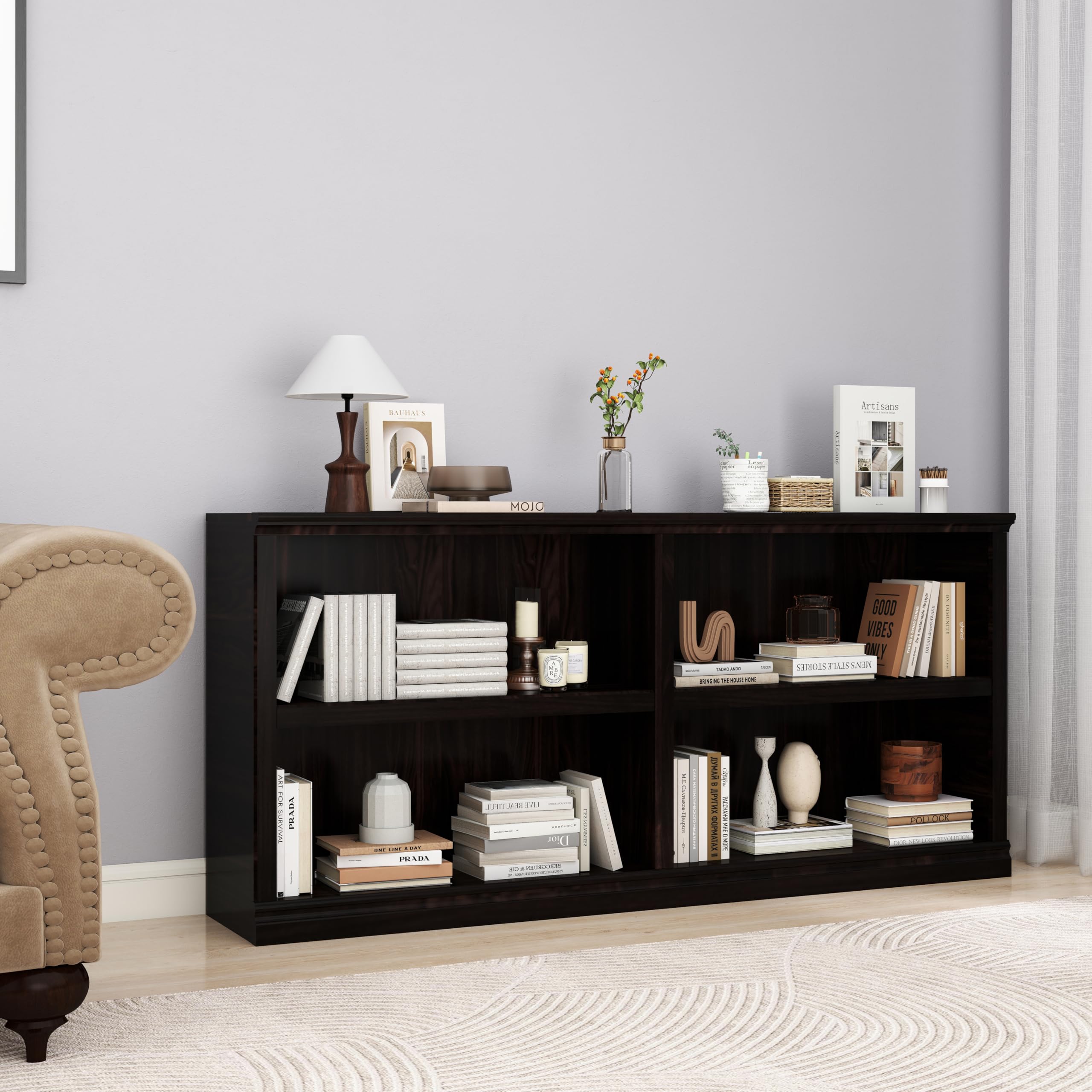 64" W Double Wide Horizontal Bookshelf, 2 Tiers 4 Storage Cube Book Case
