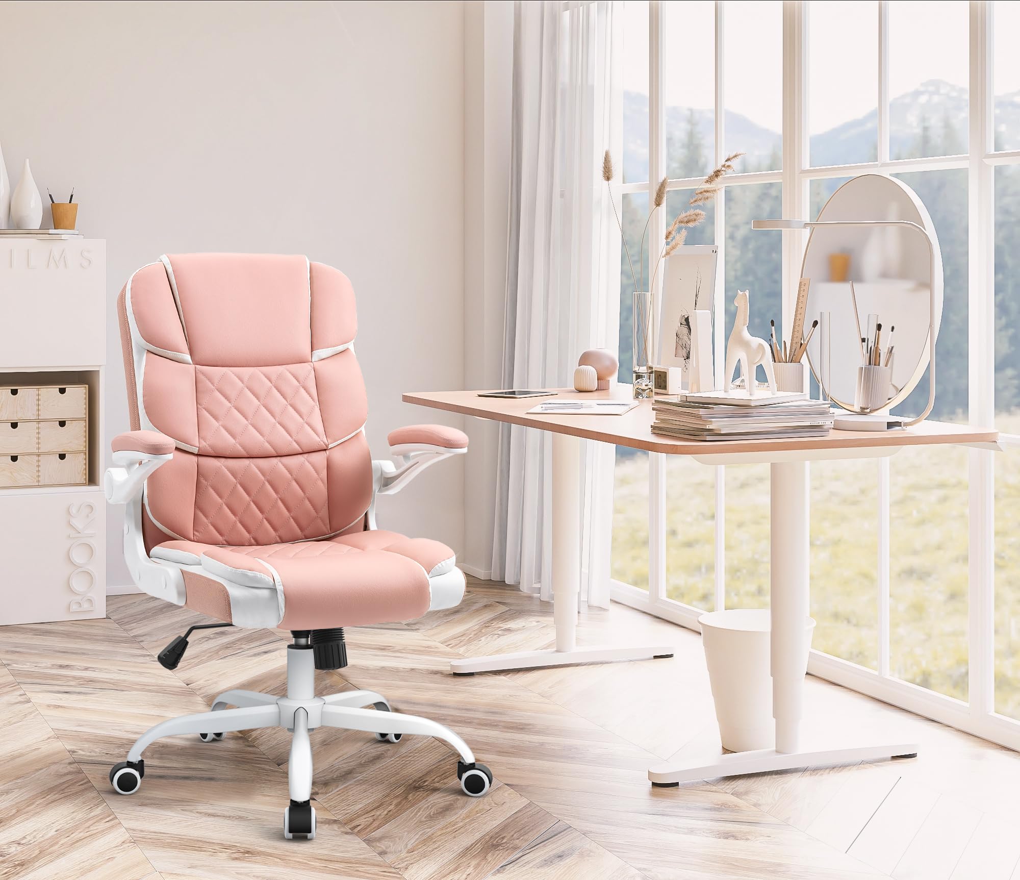 Pink Desk Chair Modern Executive Office Chair with Arms PU Leather Computer Desk Chair for Girls Women