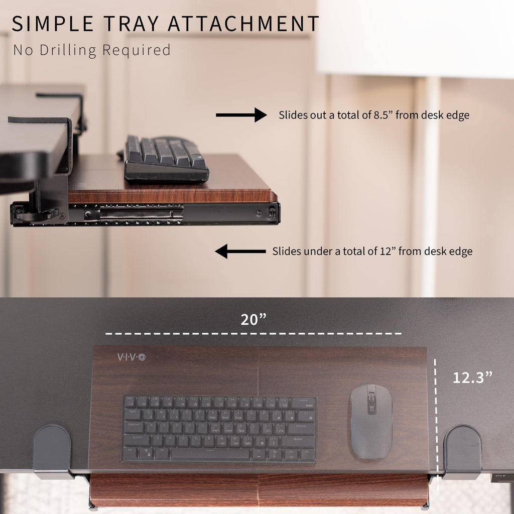 Small Keyboard Tray, Under Desk Pull Out with Extra Sturdy C Clamp Mount System, 20 (26 Including Clamps) x 11 inch Slide-Out Platform Drawer, Dark Walnut Top, Black Frame