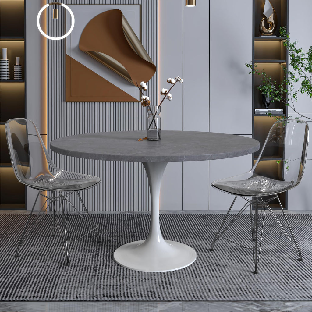 Verve Modern 48" Round Dining Table with Sintered Stone Tabletop in White Steel Pedestal Base for Kitchen and Dining Room (Grey)