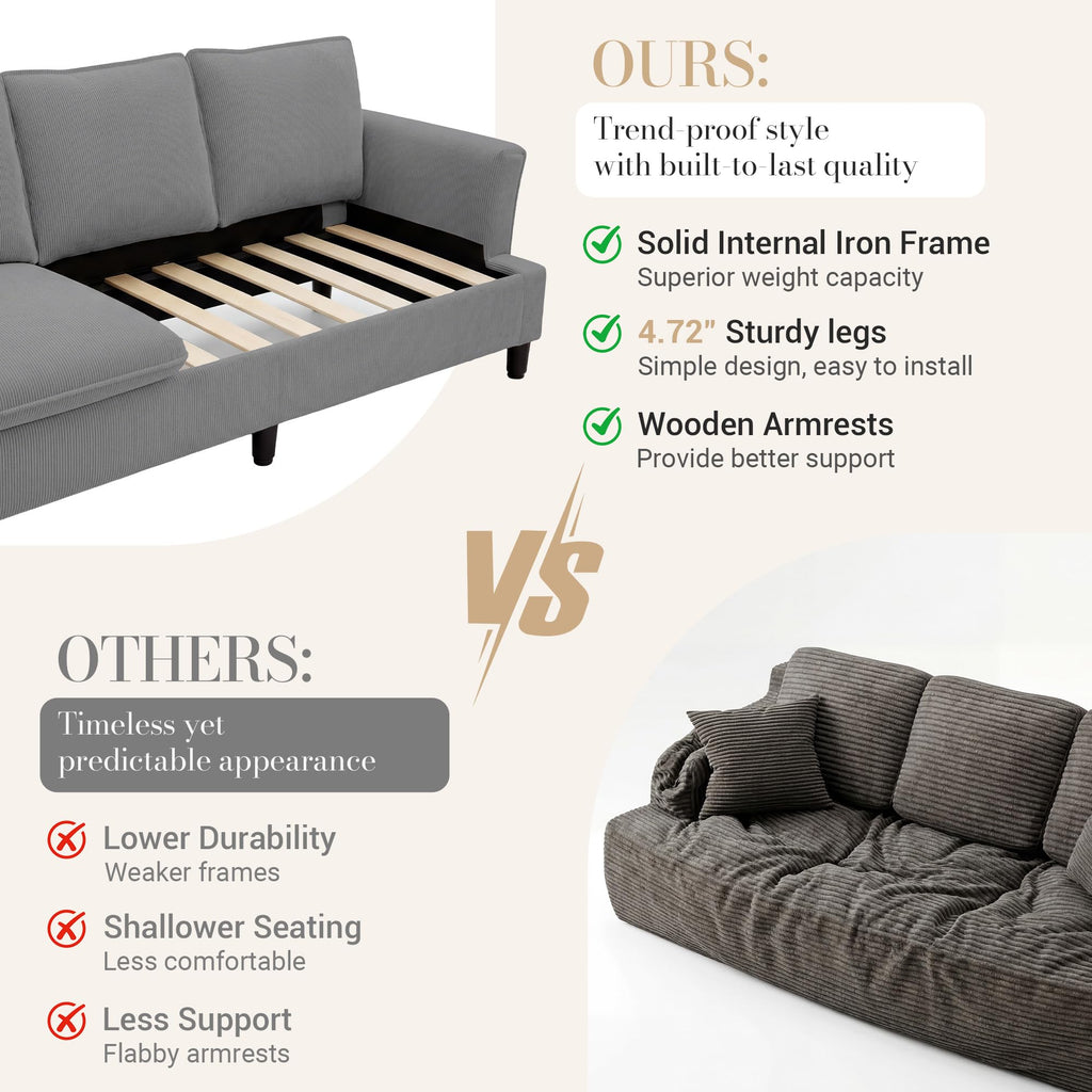 3 Seater Corduroy Couch, 89" Comfy Couch with Deep Seat, Modern Sofa Couch for  Office, Living Room, Bedroom, Apartment (Pillows not Included)