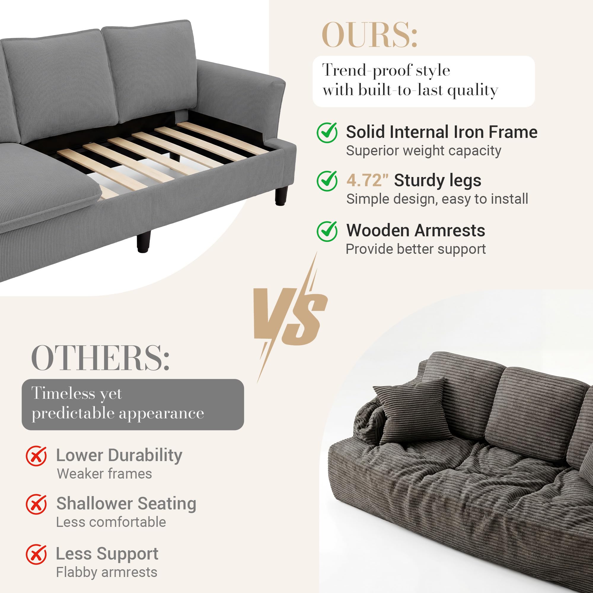 3 Seater Corduroy Couch, 89" Comfy Couch with Deep Seat, Modern Sofa Couch for  Office, Living Room, Bedroom, Apartment (Pillows not Included)