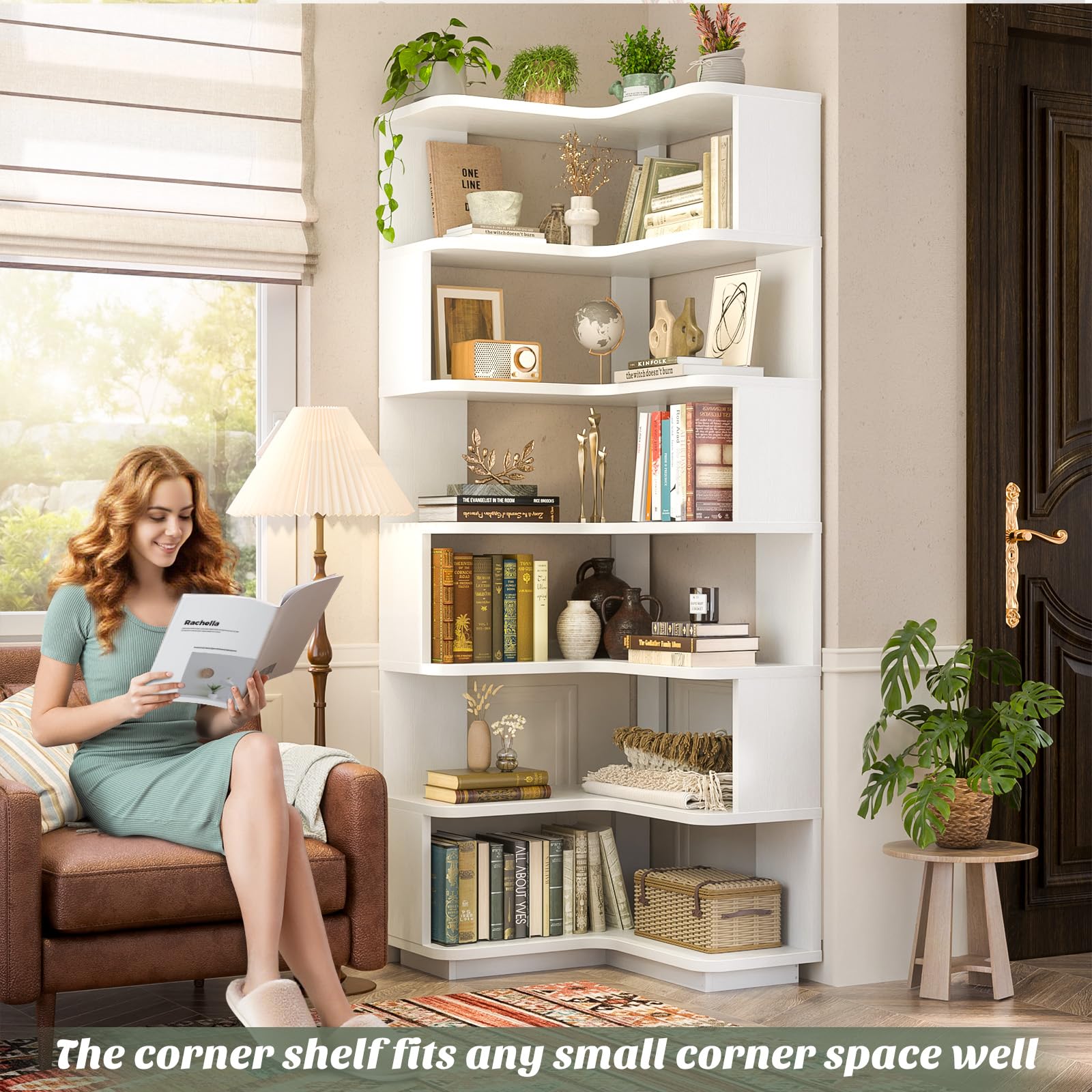 Corner Book Shelf, 7-Shelf L Shaped Corner Bookshelf with Baffle