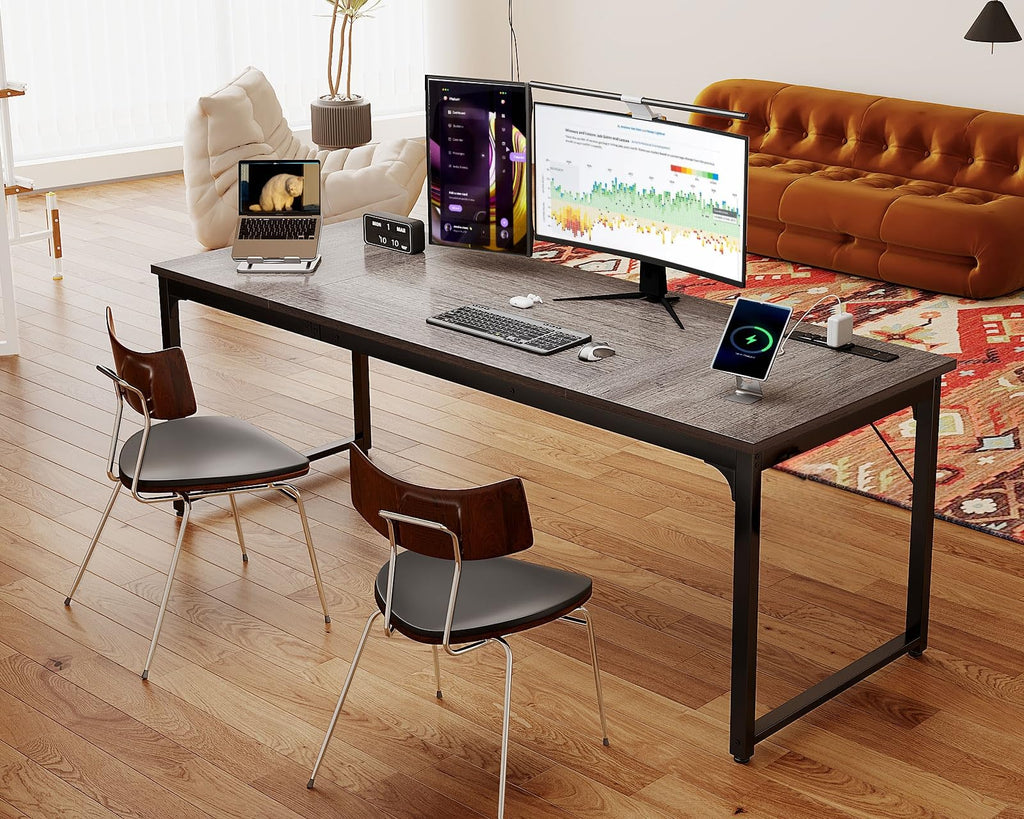 71 x 24 Inch Computer Desk with USB Ports, Large Office Desk, Long Study Student Writing Desk, Grey Oak