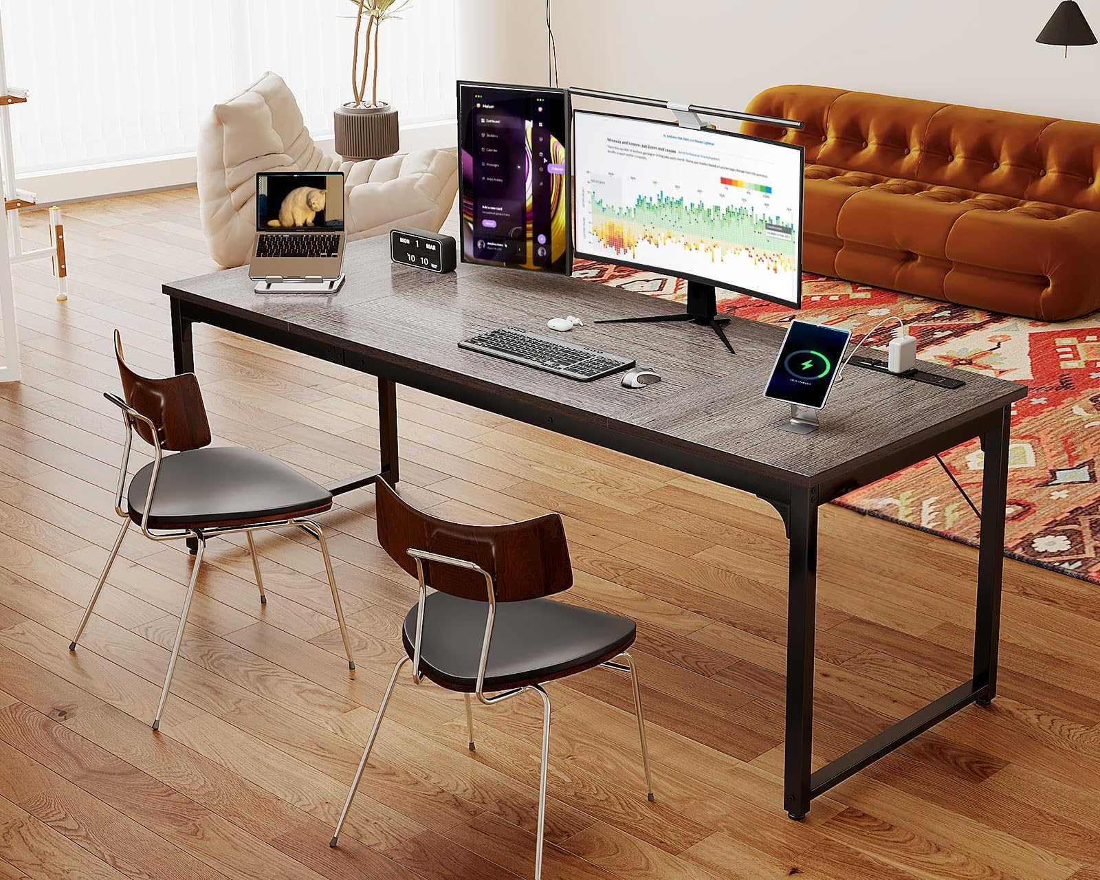 71 x 24 Inch Computer Desk with USB Ports, Large Office Desk, Long Study Student Writing Desk, Grey Oak