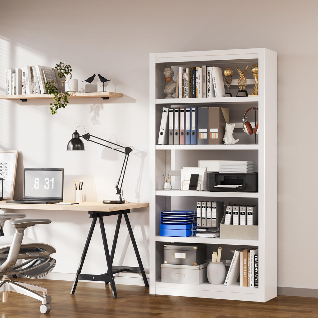 5 Tier Metal Bookcase,69'' Tall Heavy Duty Bookshelf with Open,White Large Adjustable Bookshelves,Sturdy Modern Heavy Duty Display Bookcases for Library,Office,Study Room,Living Room