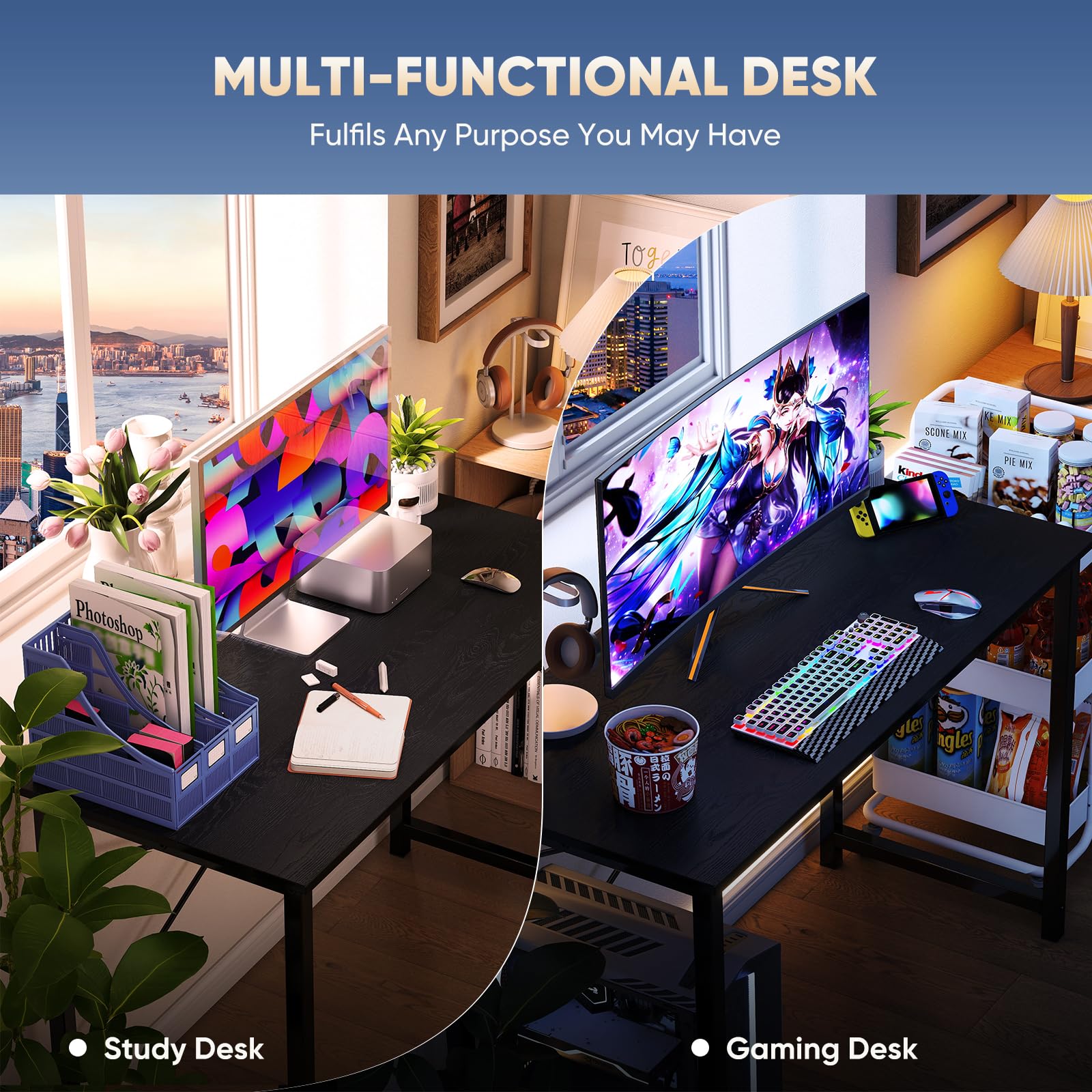 55 Inch Computer Desk for Home Office, Modern Study Work Table Simple Style for Bedroom Small Space, Large Writing Desks with X-Shaped Reinforcement, Black