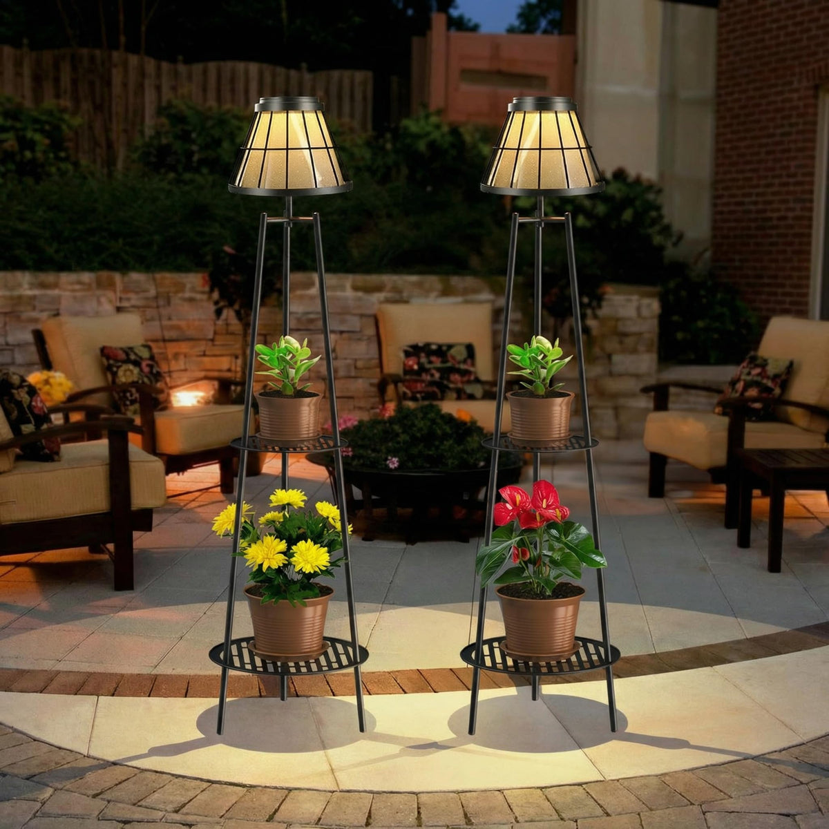 2 Pack Solar Floor Lamps Outdoor with 2-Tier Plant Stand, Metal Tall Planter Holder with Waterproof LED Lantern, Decorative Patio Light & Flower Pot Display Rack for Garden, Deck, Porch, Balcony
