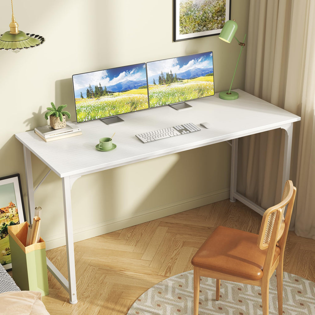 Computer Desk, 55 Inch Home Office Desk, Gaming Writing Work from Home Study Desk, Large Legroom, Sturdy Metal Frame, Modern Simple, White