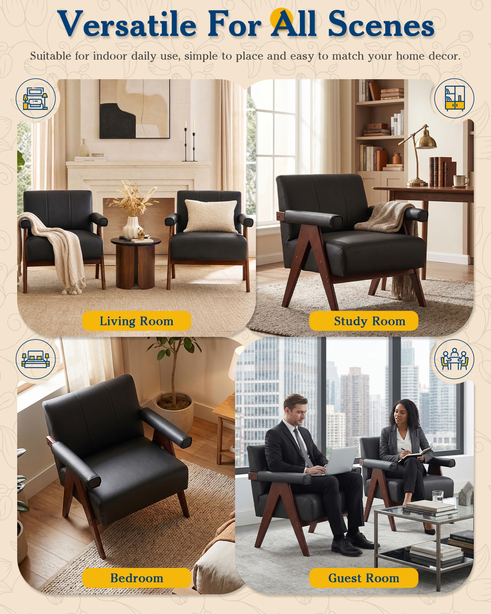 Black Leather Accent Chair,Mid Century Modern Accent Chair, Solid Wood Frame Black Leather Armchair, Modern Reading & Living Room Chair for Office Guest & Waiting Room