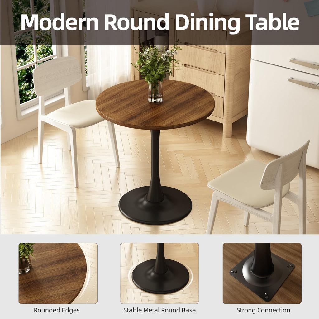 Kasinali Round Dining Table 27.5" Circle Tulip Table with Wood Thickened Tabletop & Sturdy Metal Pedestal Mid Century Modern Farmhouse Kitchen Tables for 4 Small Places Living Room Cafe,Somber Walnut