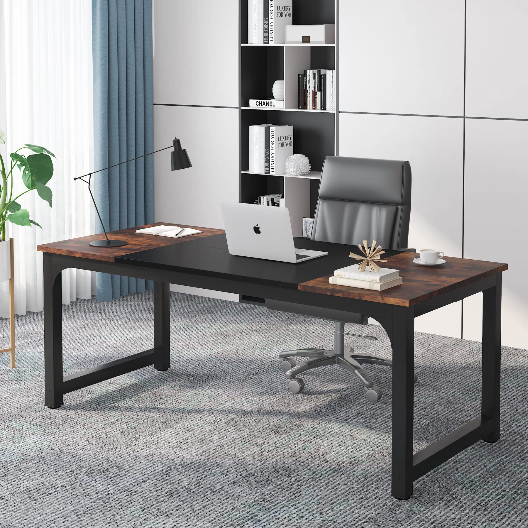 70.8”Executive Desk, Large Office Computer Desk with Thicken Frame, Modern Simple Workstation Business Furniture for Home Office, Rustic Brown/Black