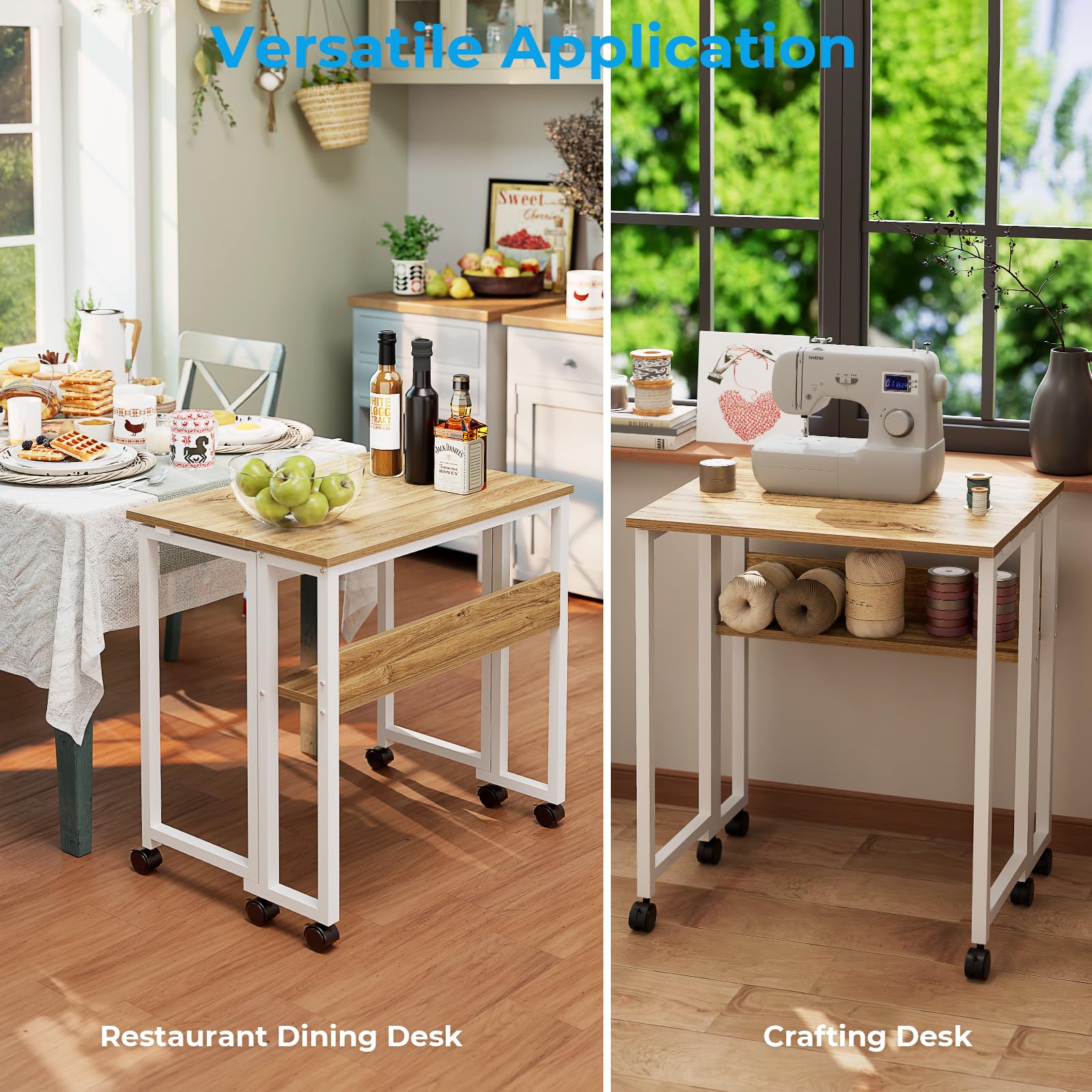 Folding Desk with Wheels, 24.8 Inch Compact Rolling Computer Table with Storage Shelf, Portable Mobile Workstation for Small Spaces, Easy Assembly, Oak