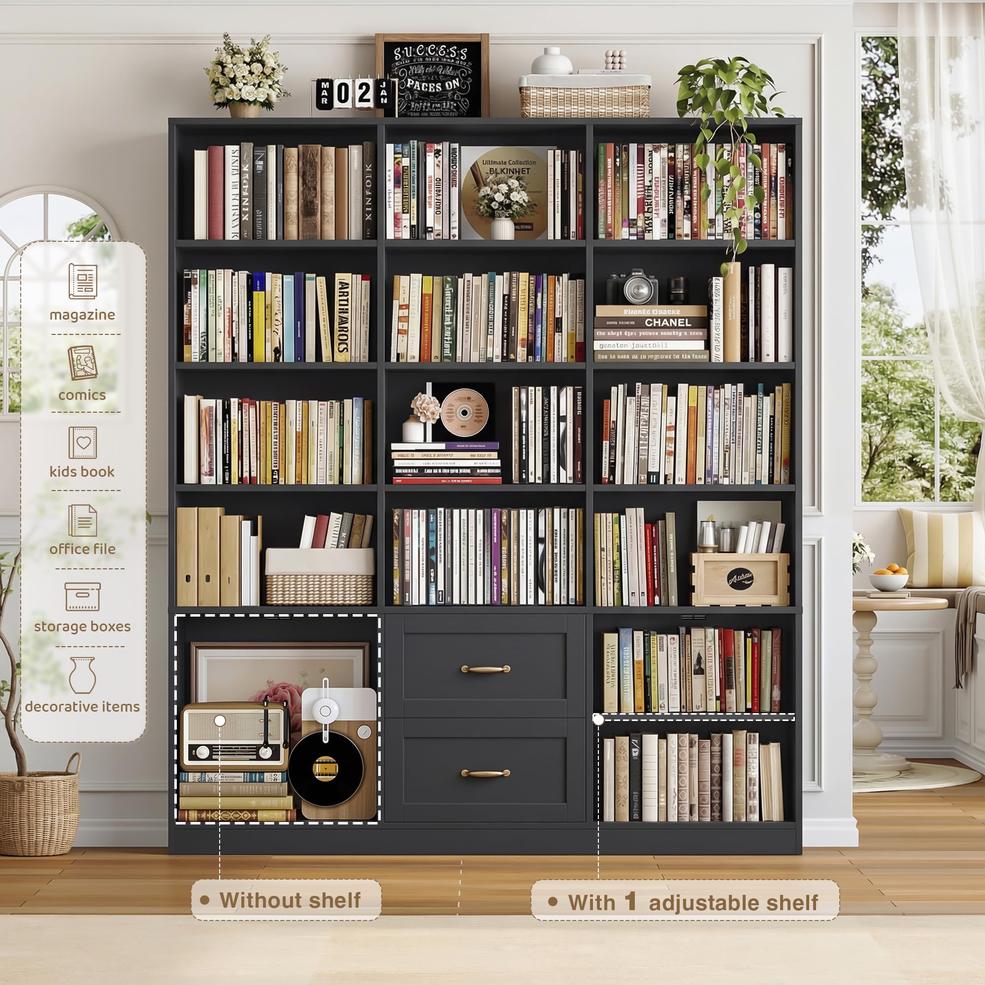 71" Tall Triple Wide Bookshelf with Storage Drawers & Doors, Black