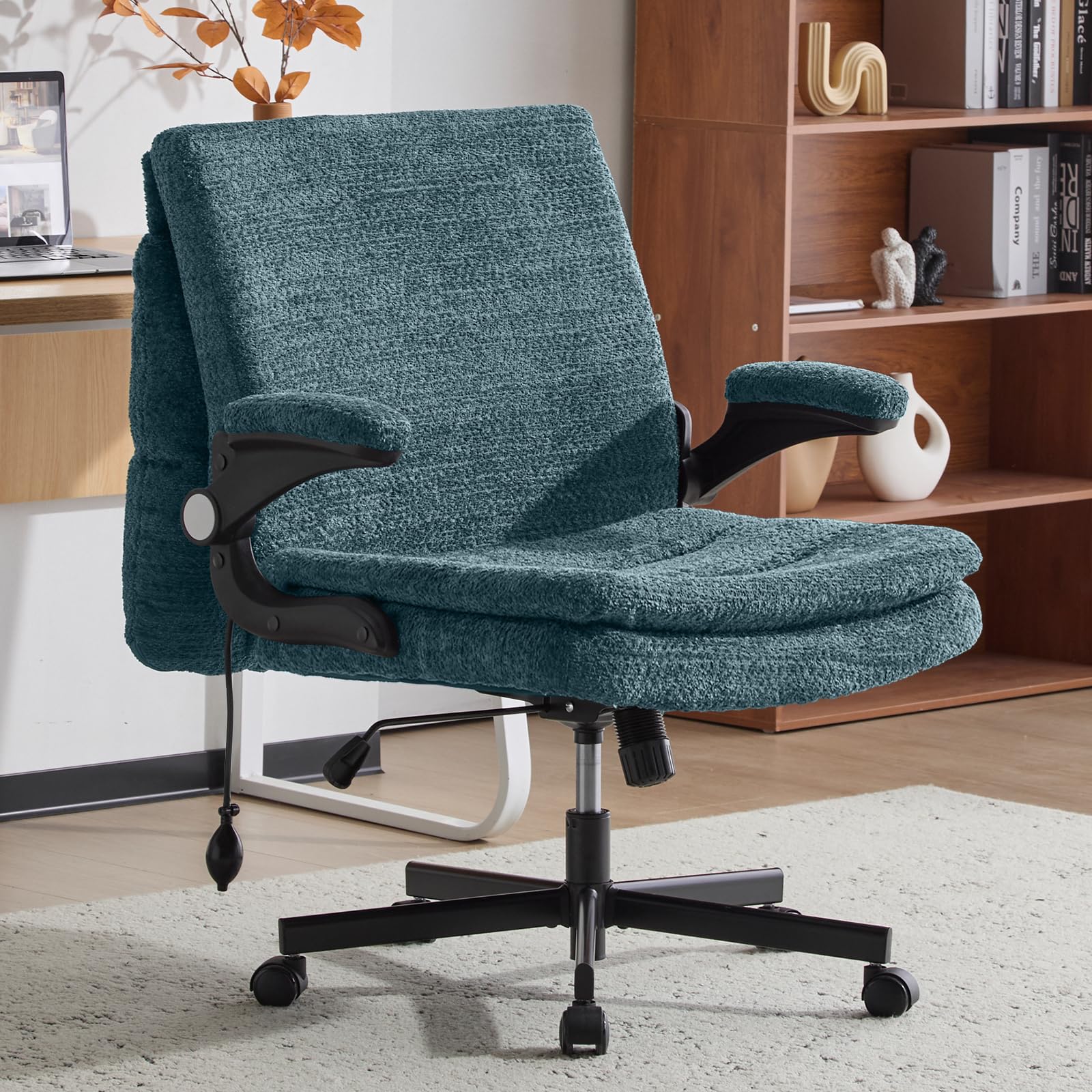 Criss Cross Office Chair with 2 in 1 Inflatable Flip-up Back, Ergonomic Wide Seat Desk Chair with Adjustable Arms and Wheels, Cross Legged Office Chair for Home & Office, Dark Green