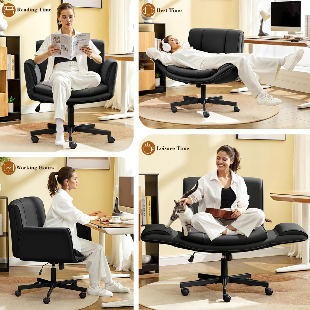 Criss Cross Chair with Wheels & Armrests,Comfy Wide Vanity Chair,Scratch-Resistant Pu Leather Cross Legged Desk Chair,Height Adjustable Computer Office Desk Chairs for Home,Makeup,Bedroom