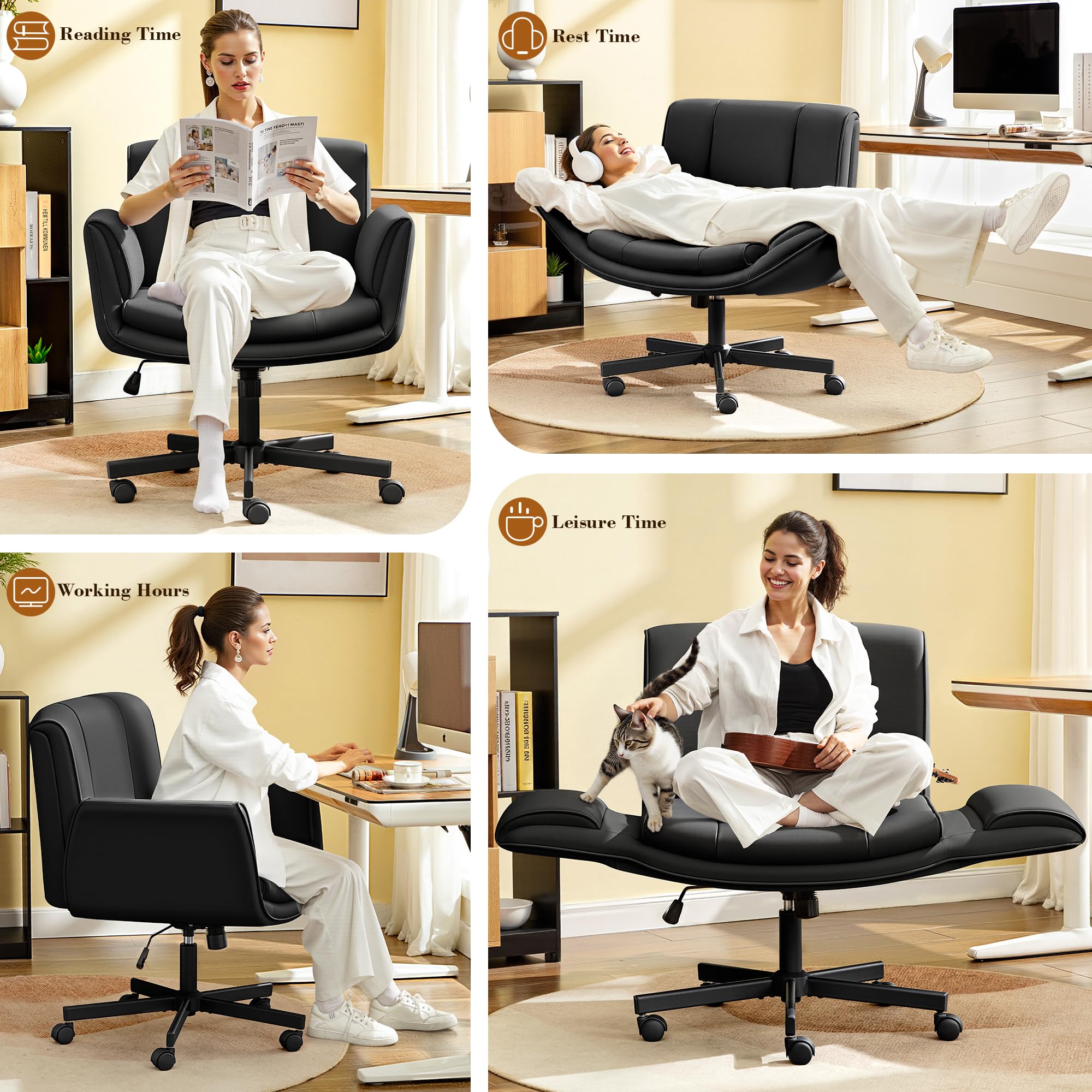 Criss Cross Chair with Wheels & Armrests,Comfy Wide Vanity Chair,Scratch-Resistant Pu Leather Cross Legged Desk Chair,Height Adjustable Computer Office Desk Chairs for Home,Makeup,Bedroom