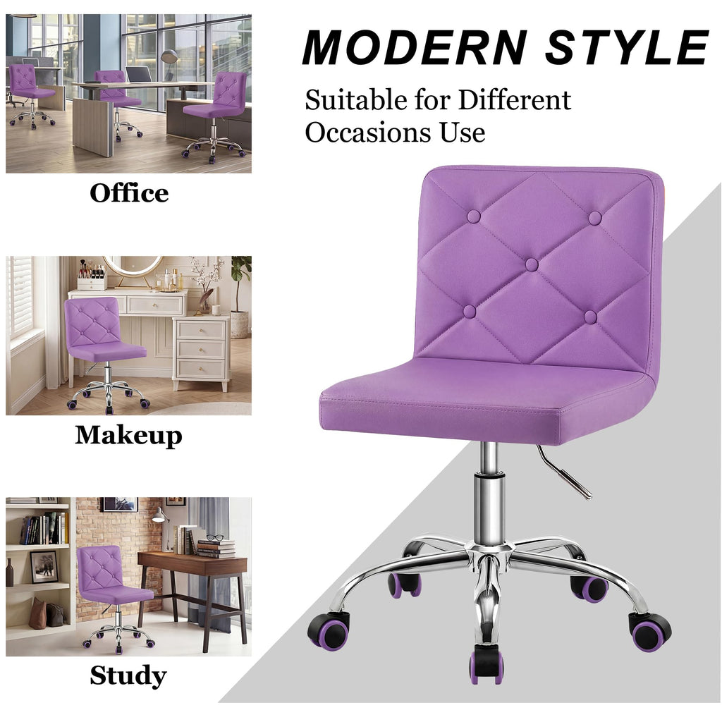 PU Leather Mid-Back Armless Vanity Chair Adjustable Height 360° Rolling Swivel for Office Work