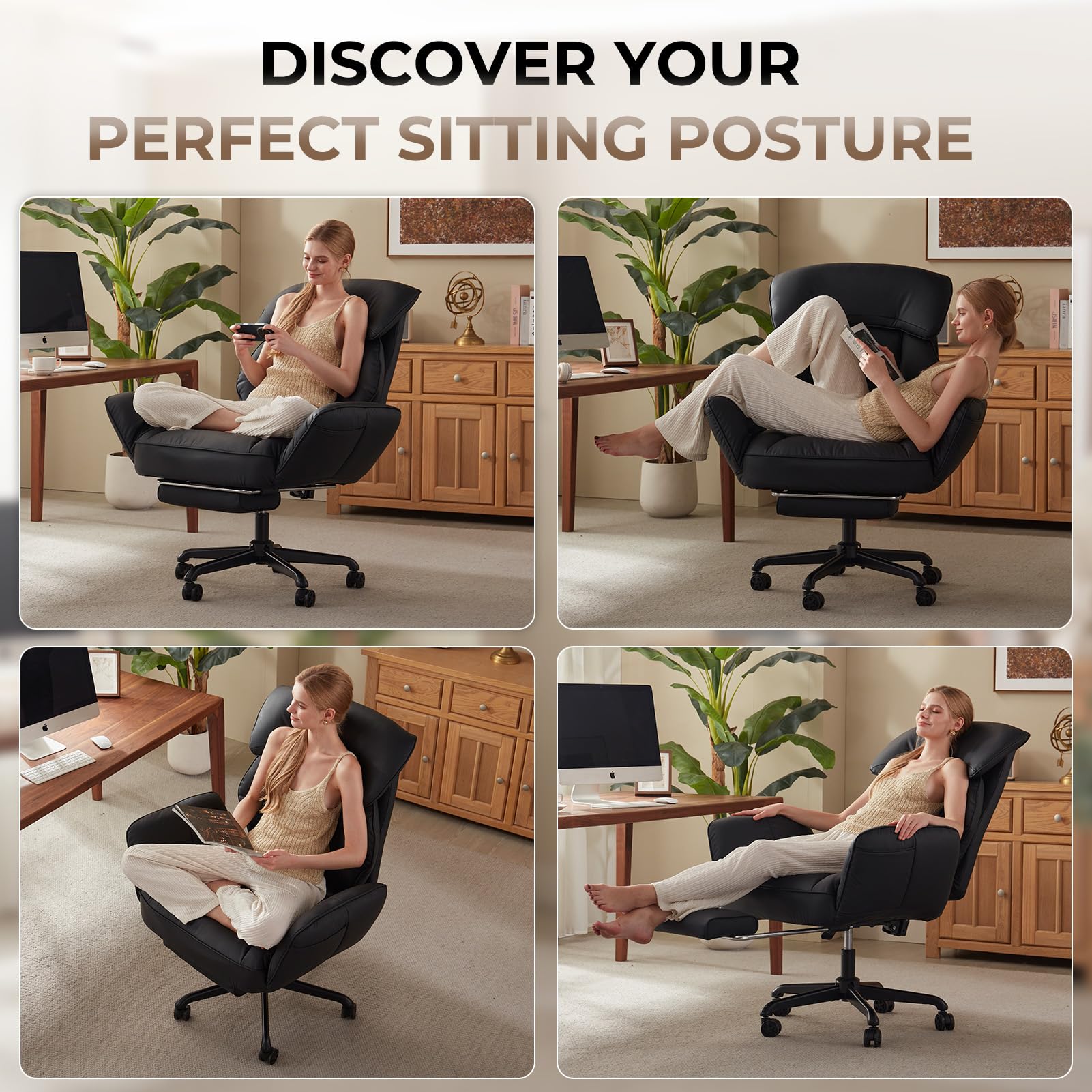 Cross Legged Office Chair with Pivoting Armrests,Criss Cross Chair with Pocket Spring Seat & Back,Reclining Computer Gaming Chair with Footrest and Metal Base (Black)