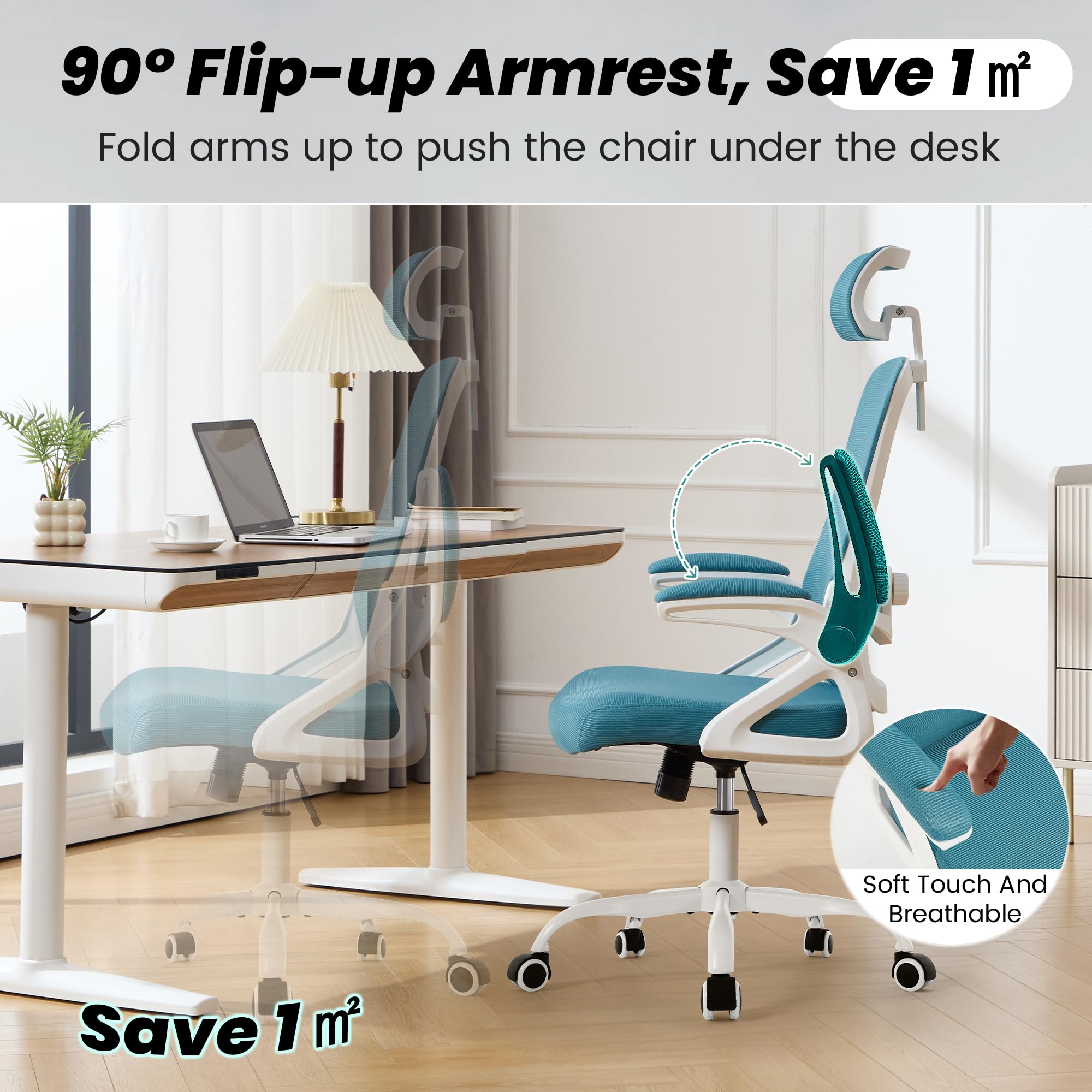 Ergonomic Office Chair, 400 LBS Computer Chairs with Adjustable Lumbar Support, Breathable Mesh Desk Chair Ergonomic with Thickened Cushion, Comfy Home Office Desk Chair (Lake Blue)