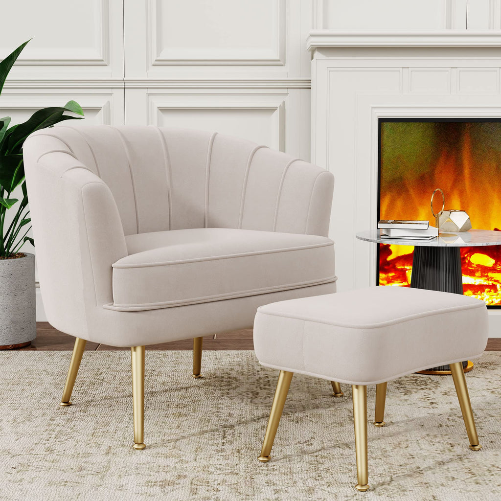 Velvet Accent Chair with Ottoman, Upholstered Modern Single Sofa Side Chair,Comfy Barrel Club Living Room Armchair with Golden Metal Legs for Office Bedroom Living Reading Room , Beige