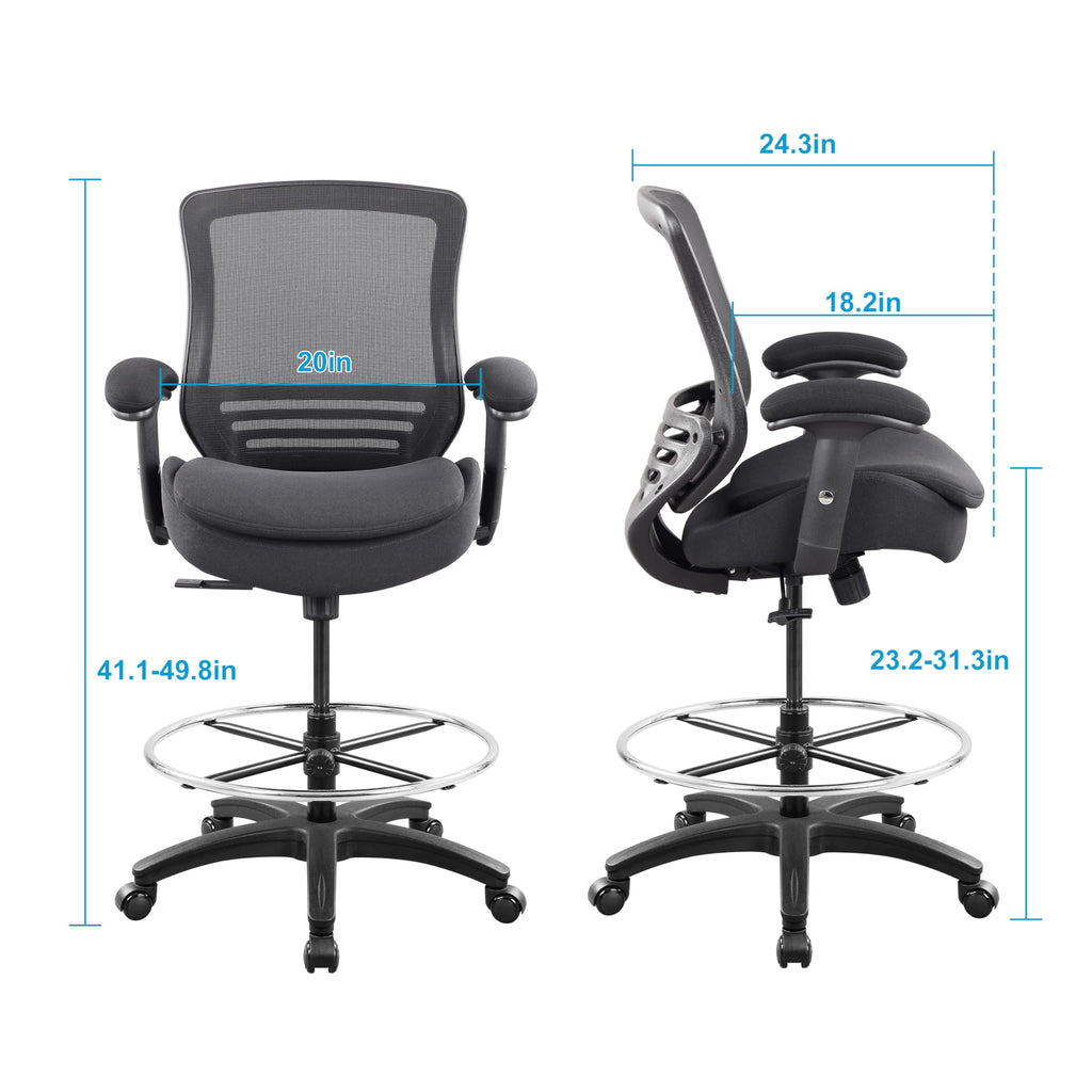 400lbs Ergonomic Office Drafting Chair Mid Mesh Back for Height Adjustable Desk 21inch Foot Ring Height Adjustable Armrest (Black) ﻿