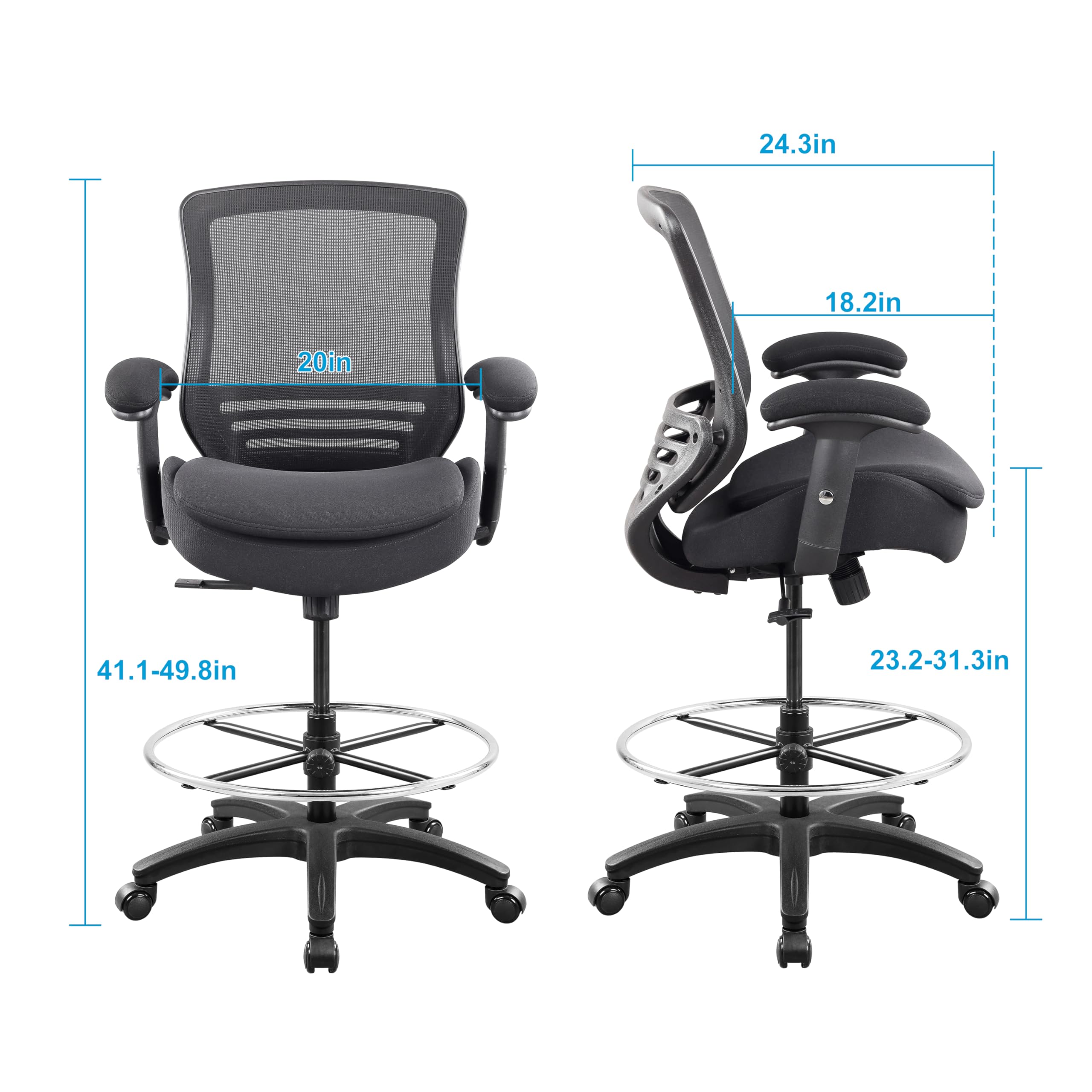 400lbs Ergonomic Office Drafting Chair Mid Mesh Back for Height Adjustable Desk 21inch Foot Ring Height Adjustable Armrest (Black) ﻿