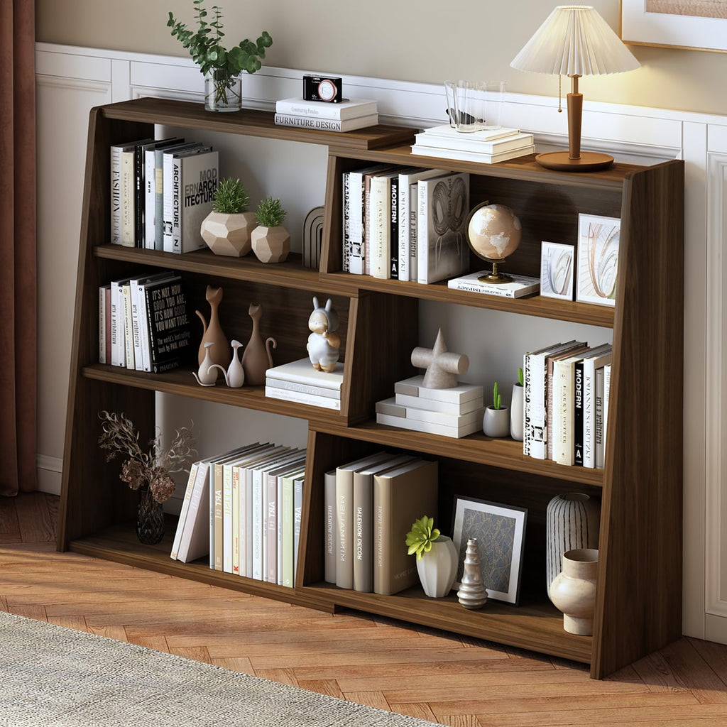 Wooden Extendable Shelf Bookcase, 3-Tier Low Bookshelf, Walnut, L