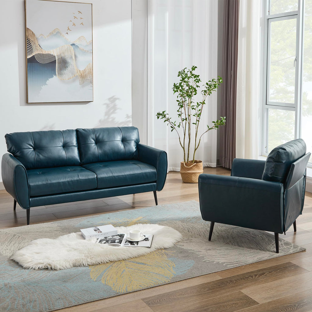Sofa Couch 61" Small Loveseat Couches for Living Room Leather Couch Mid Century Modern Tufted Mini Sofa Comfy Office 2 Seat Settee Love Seat Small Couches for Spaces Bedroom (2, Blue)