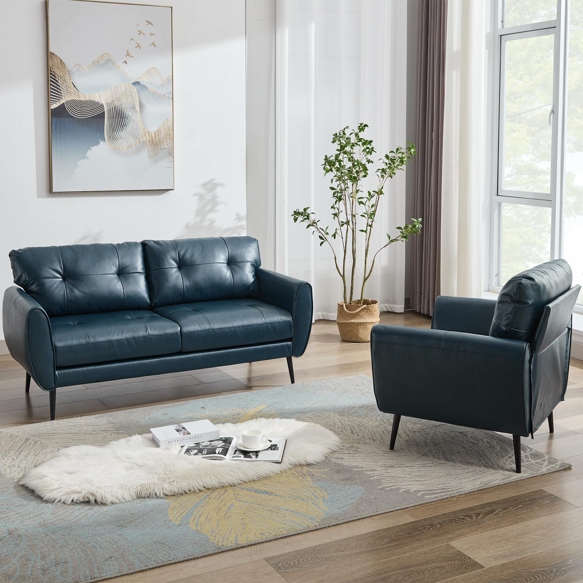 Sofa Couch 61" Small Loveseat Couches for Living Room Leather Couch Mid Century Modern Tufted Mini Sofa Comfy Office 2 Seat Settee Love Seat Small Couches for Spaces Bedroom (2, Blue)