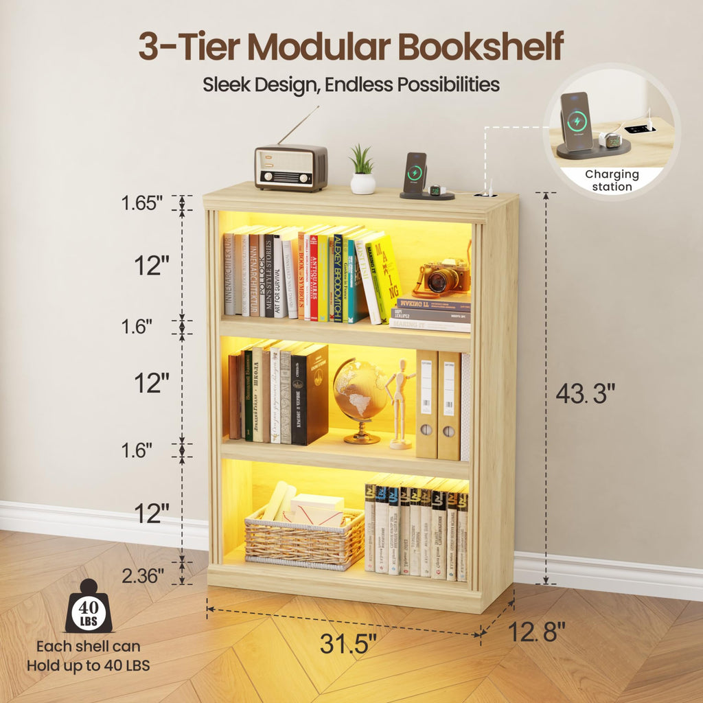 3-Tier LED Bookshelf with Motion Sensor Lights - USB Charging Module - Adjustable Modular Display Shelf 31.5 W x 43.3 H for Bedroom Living Room Home Office Apartment - Natural Wood