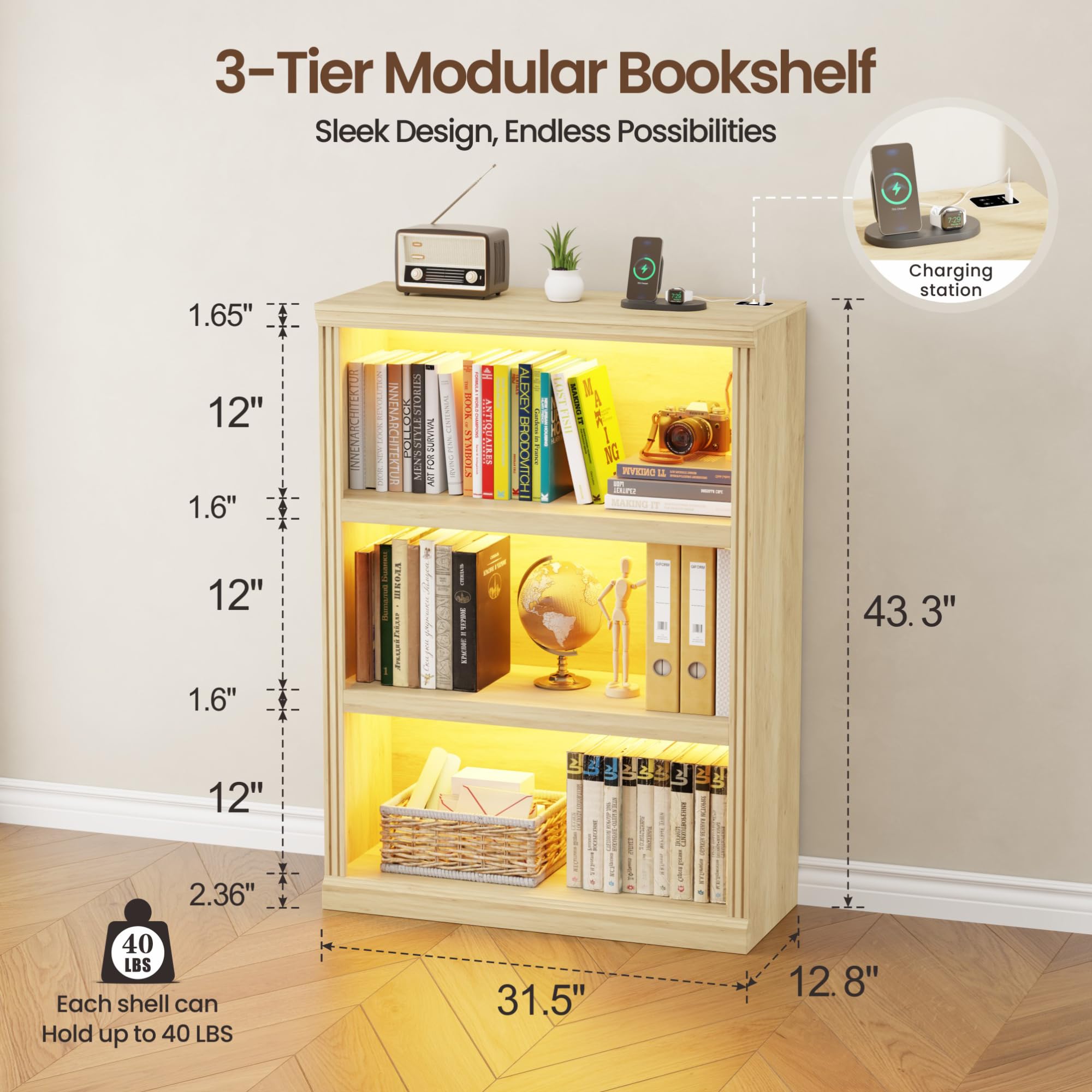3-Tier LED Bookshelf with Motion Sensor Lights - USB Charging Module - Adjustable Modular Display Shelf 31.5 W x 43.3 H for Bedroom Living Room Home Office Apartment - Natural Wood