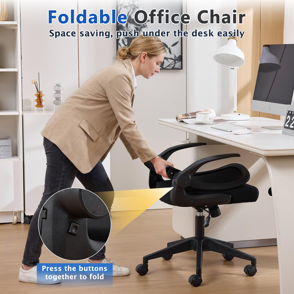(2PCS Black) Foldable Office Chair for Small Spaces | Home Office Folding Desk Chairs with Wheels and Flip Up Arms | Ergonomic Mesh Computer Chair for Adults & Kids