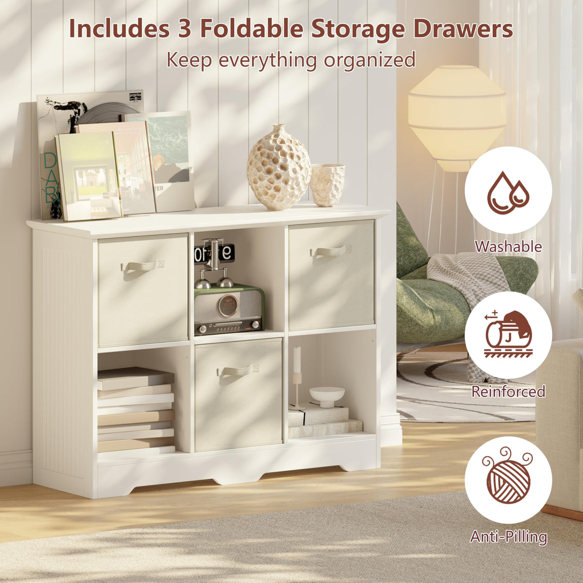 6 Cube Storage Organizer with 3 Fabric Drawers and Removable Shelves — Modular Cube Bookshelf for Bedroom, Living Room, or Home Office, Short Cube Bookcase for Toys, Decor,White