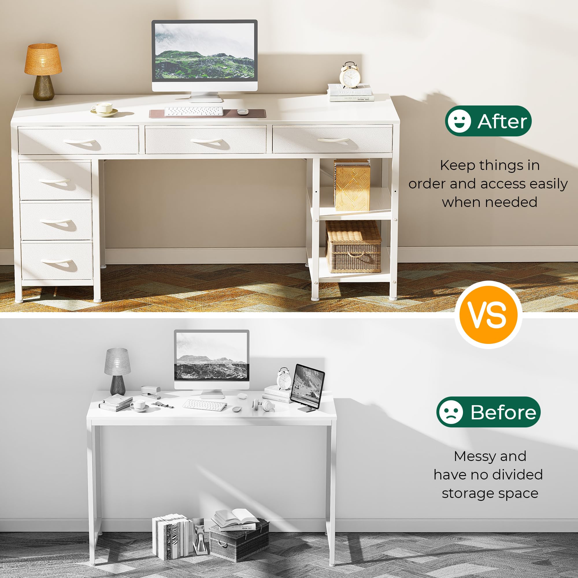 Computer Desk with 6 Drawers, Office Desk with Shelves, Reversible Gaming Desk, Corner Desk with Storage, Work for Home Office, Study, Living Room, 54inch, White