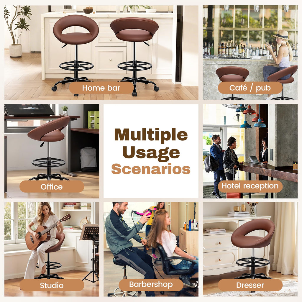 Brown 2 Pack, Drafting Chair with Back, Height Adjustable Rolling Stool with Foot Rest, Tall 360° Swivel Stool PU Leather Chair with Wheels for Home Office, Standing Desk