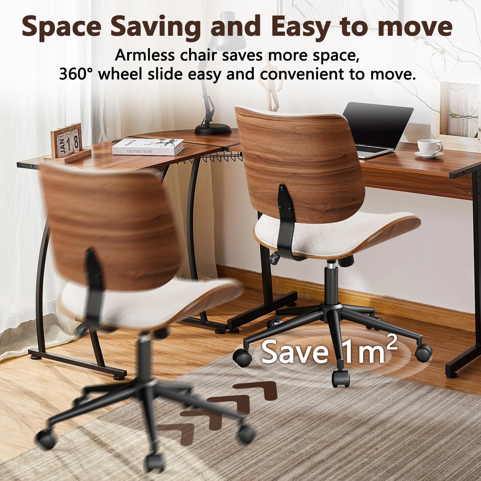 Armless Home Office Chair, Desk Chair with Wheels, Adjustable Height Reading Chair, Leather Mid Back & Swivel Computer Chair, Modern Walnut Chairs with Back for Studio Meeting Room(White)