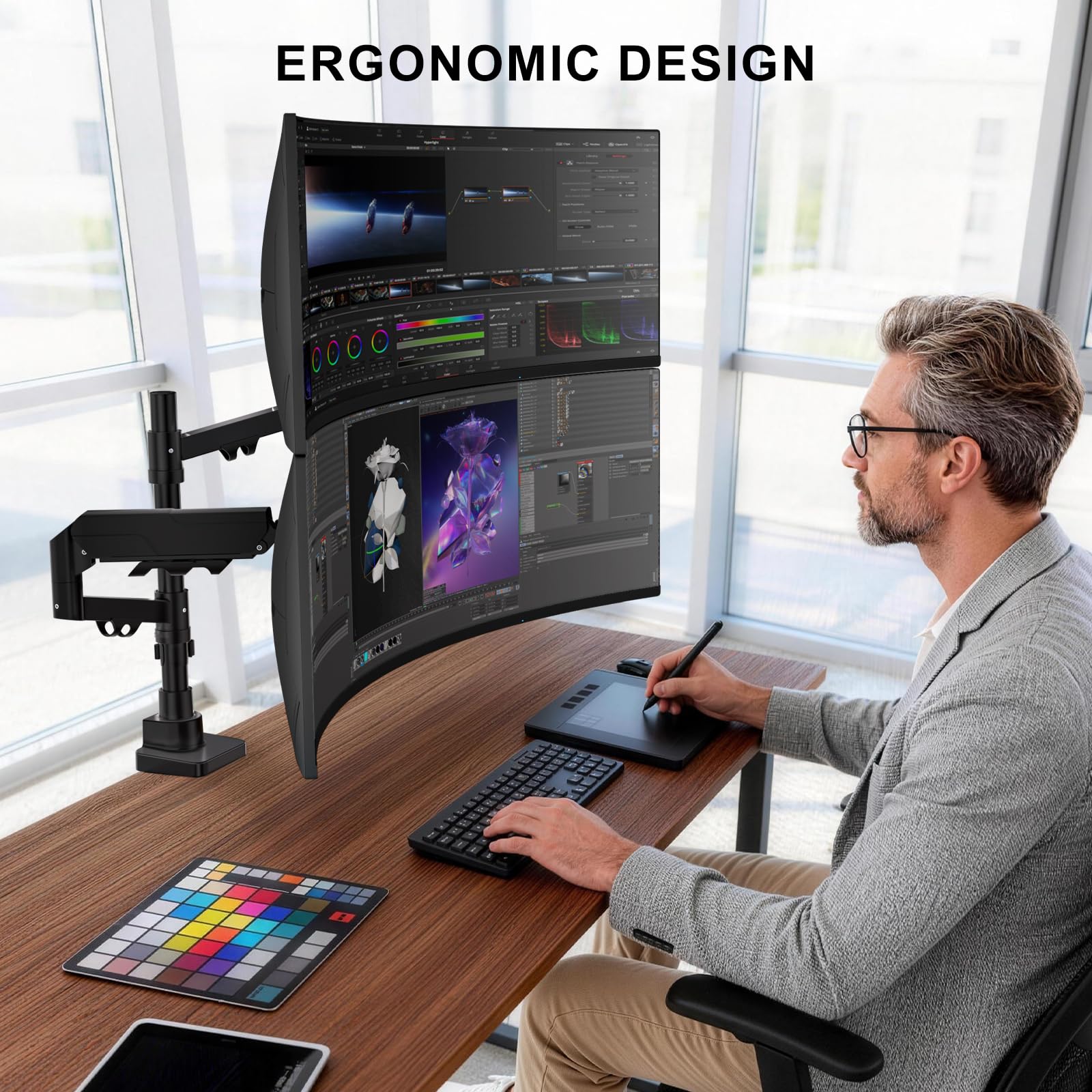 Vertical Dual Monitor Mount for 17-49 inch Ultrawides Curved Screens, Heavy Duty Stacked Dual Monitor Stand for Desk, Adjustable Ultrawide Monitor Arm up to 33lbs, VESA Mount 75/100mm, Black
