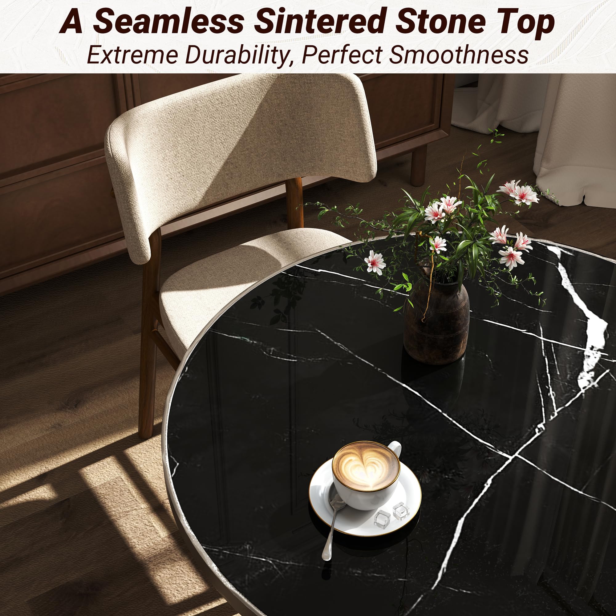 hausway 31.5" Tulip Table,Round Kitchen Dining Table for 2-4 with Thick Sintered Stone Top,Titanium Golden Pedestal Base,Heat-Resistant,Bistro Table for Dining Room,Café,Small Space（Silent Pulse）