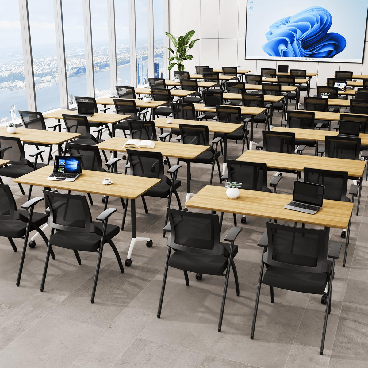 Folding Conference Table with Wheels, Flip-Top, 61in, 4 Pack, Maple