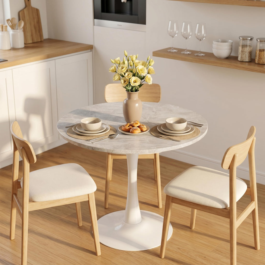Sybrioka 27.6" Marble Round Tulip Table, Mid-Century Modern Style Dining Table with White Pedestal Base for 2-4 People, Featuring A Marble Tabletop for Kitchen, Dining Room, Cafe (Light Grey)