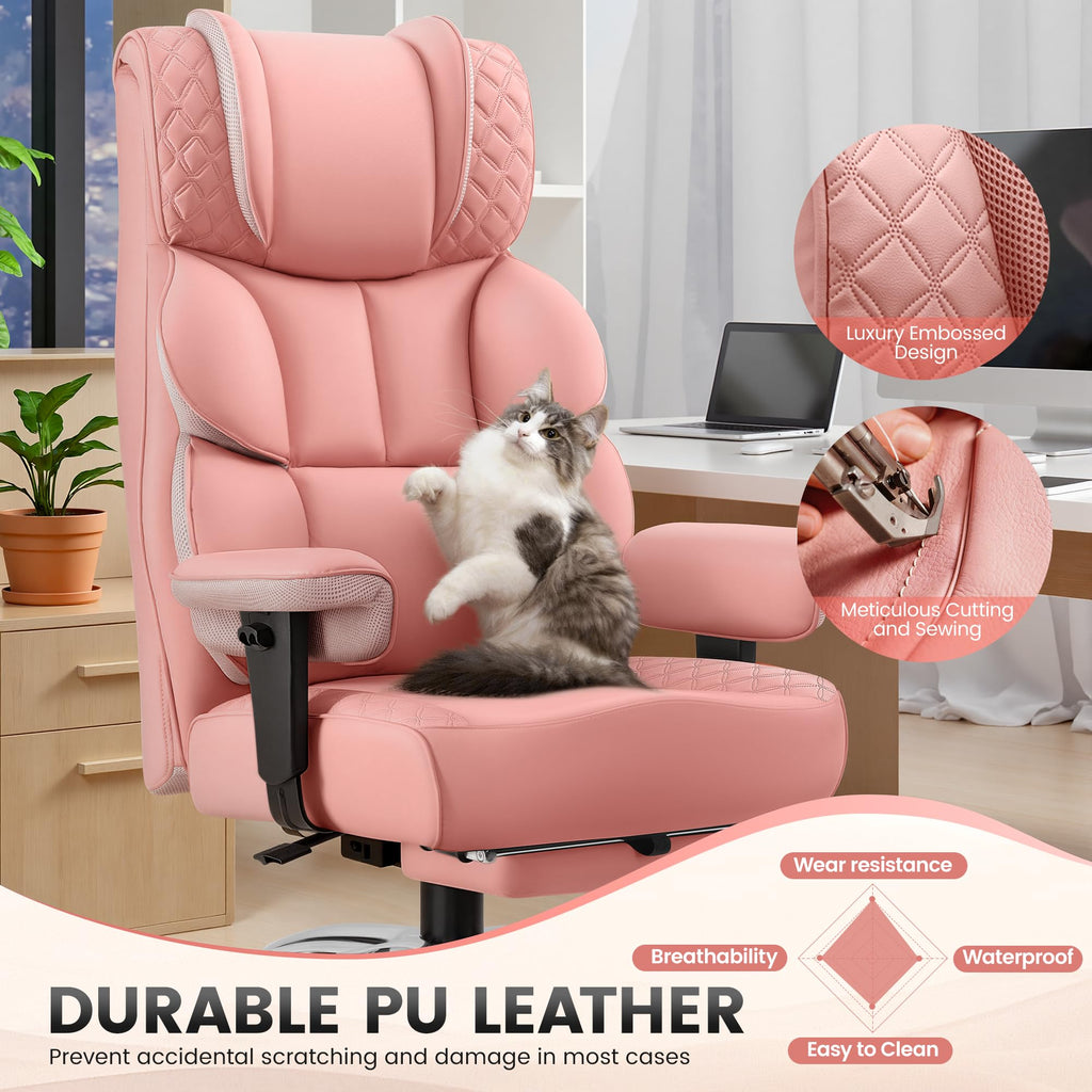 Office Desk Chair, Big and Tall Leather Gaming Chair with Footrest, Ergonomic Comfy Executive High-Back Reclining Computer Chairs, Wide Swivel Rolling Wheels and Padded Lumbar Support, Pink